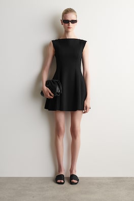 SCULPTED FLARED COTTON MINI DRESS — BLACK 1