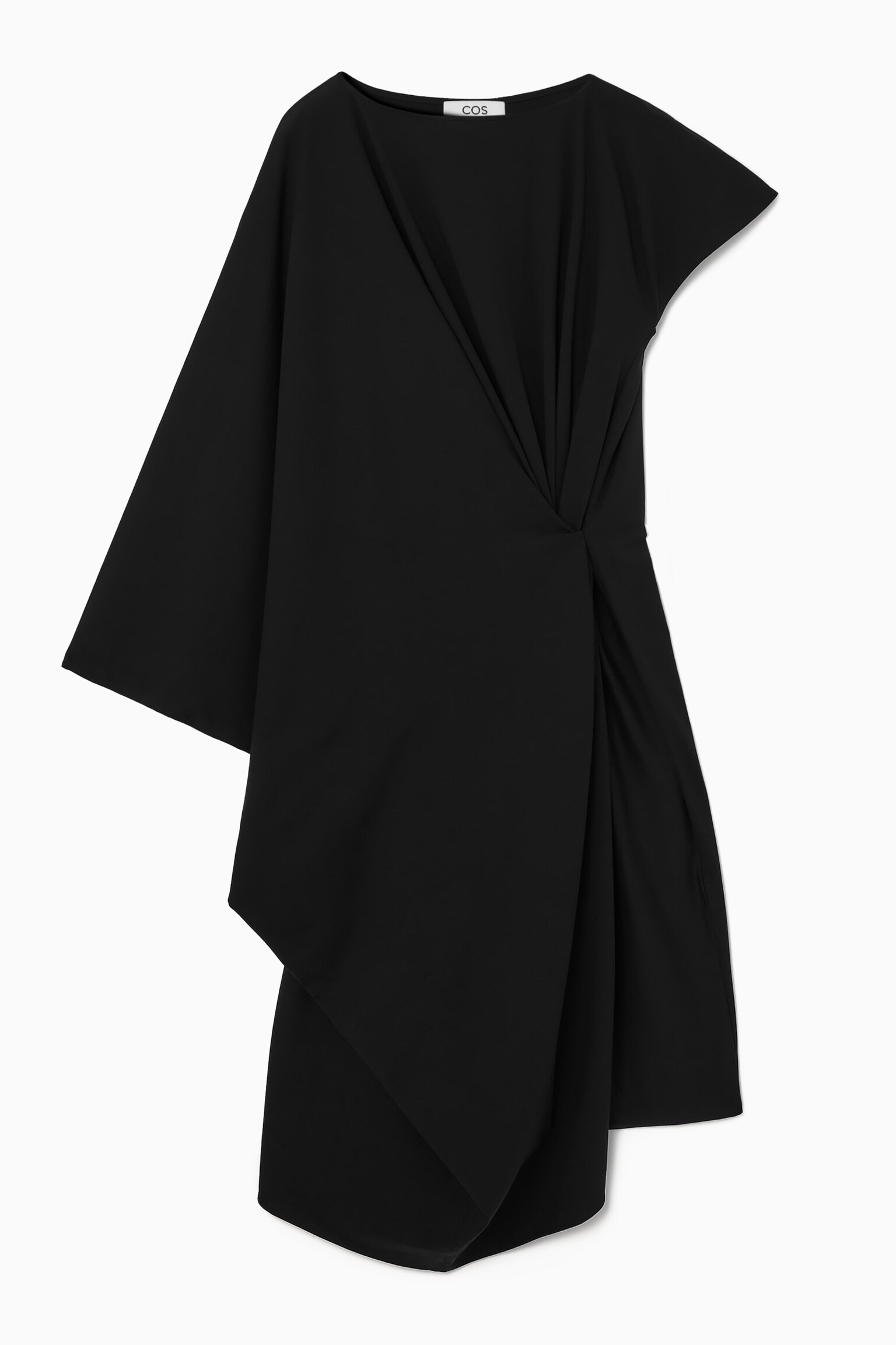 DRAPED ASYMMETRIC MIDI DRESS - BLACK