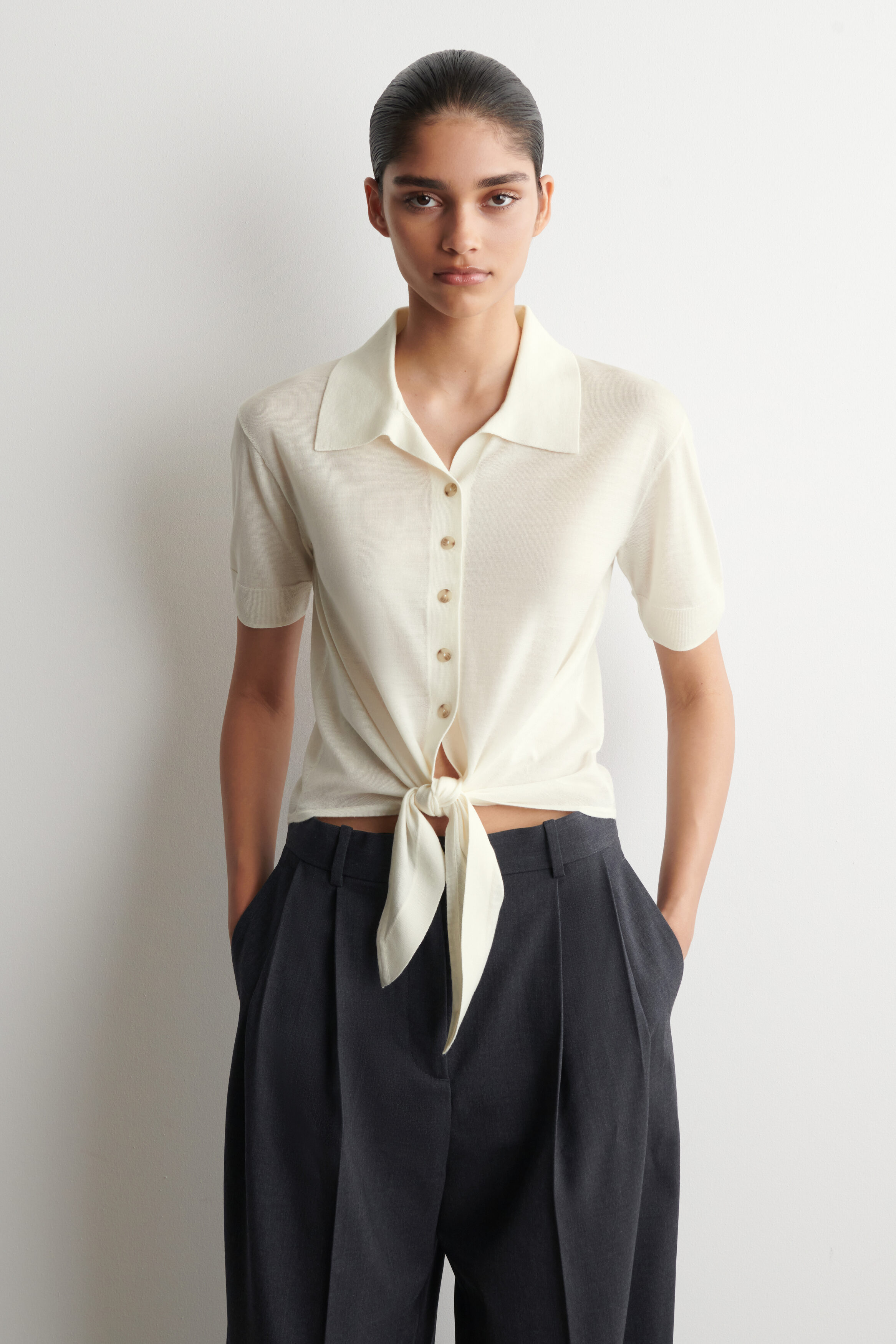 TIE-FRONT KNITTED WOOL SHIRT - WHITE | COS US