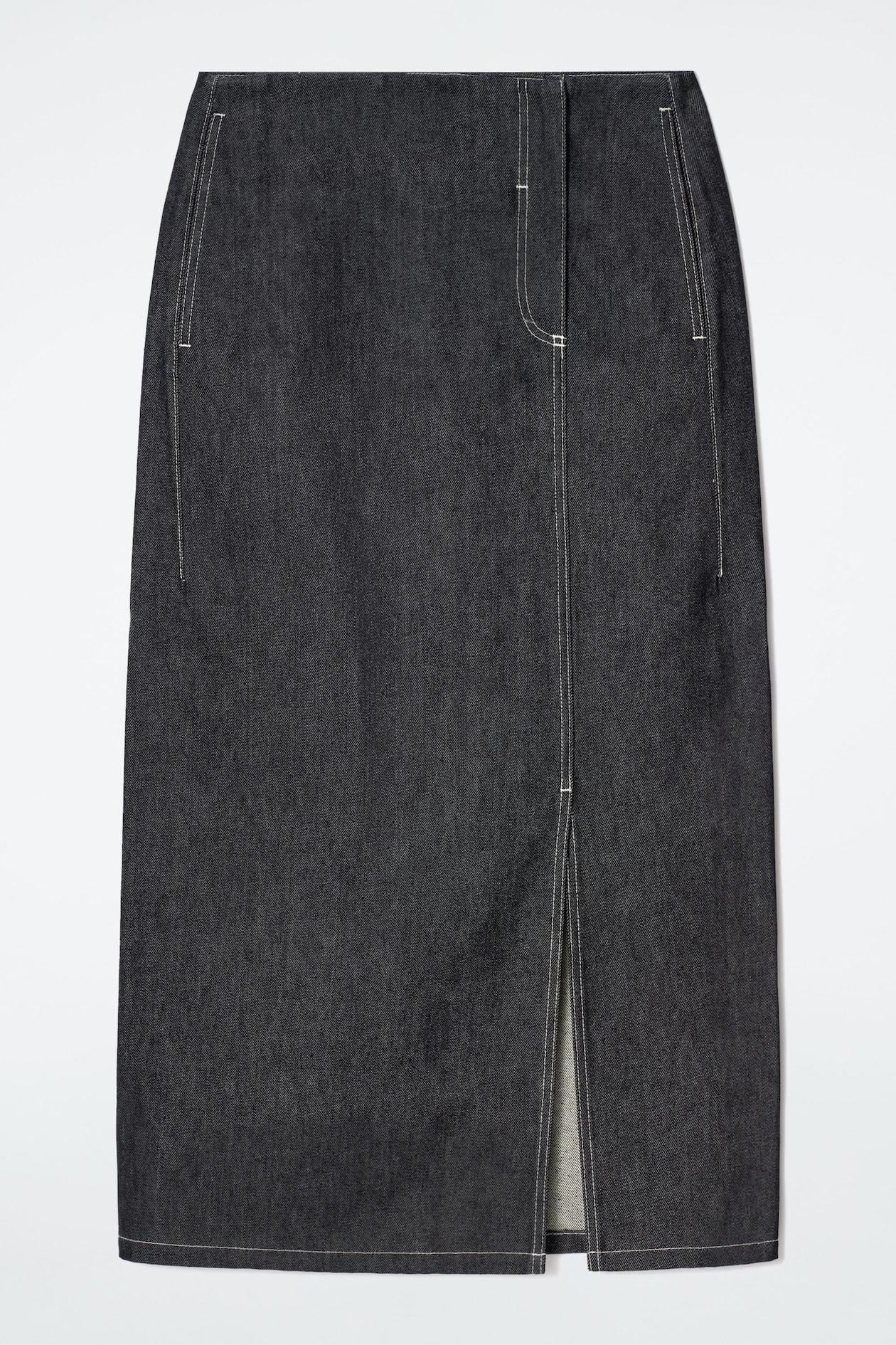 STRAIGHT DENIM MIDI SKIRT — INDIGO