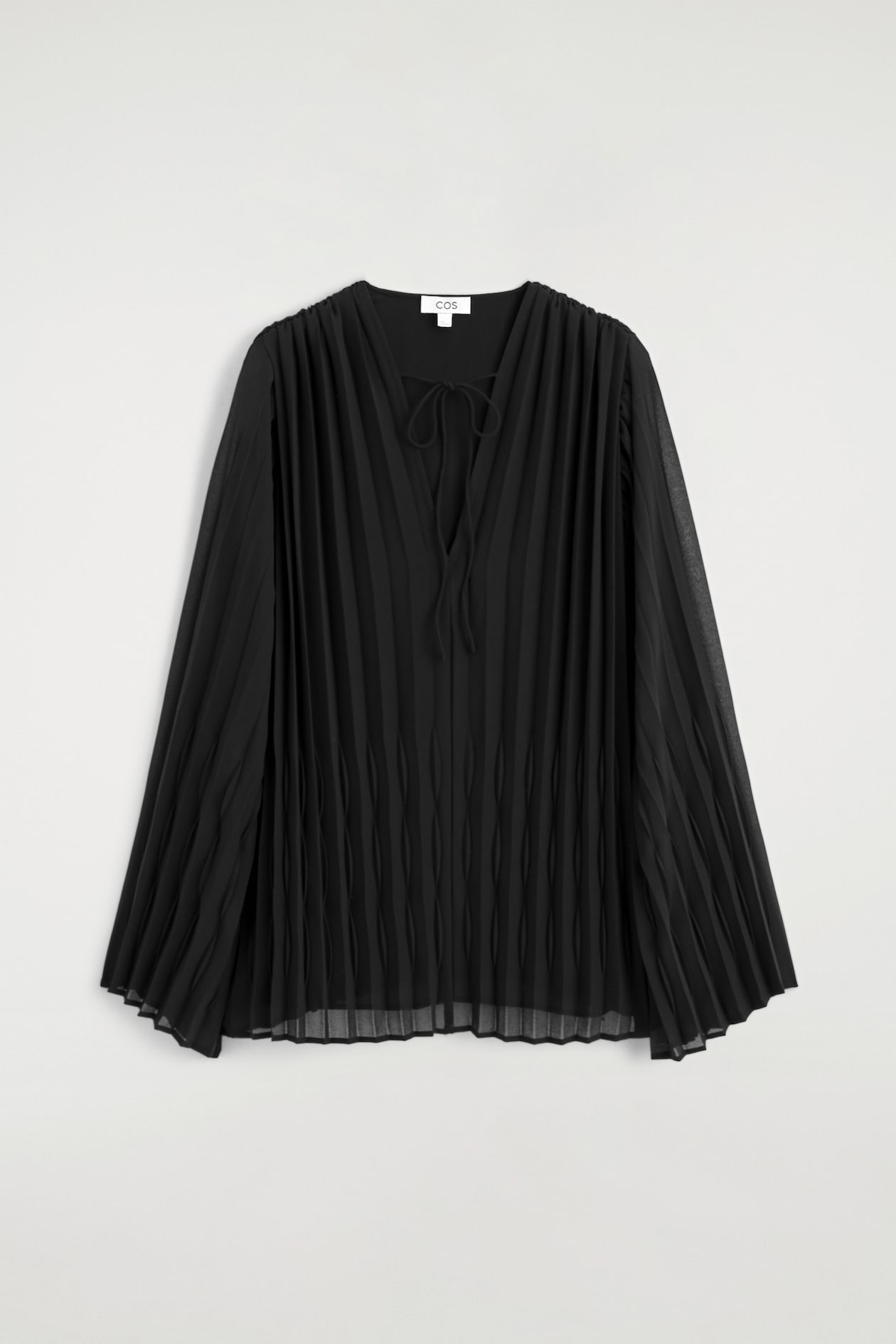 TIE-FRONT PLEATED GEORGETTE BLOUSE — BLACK