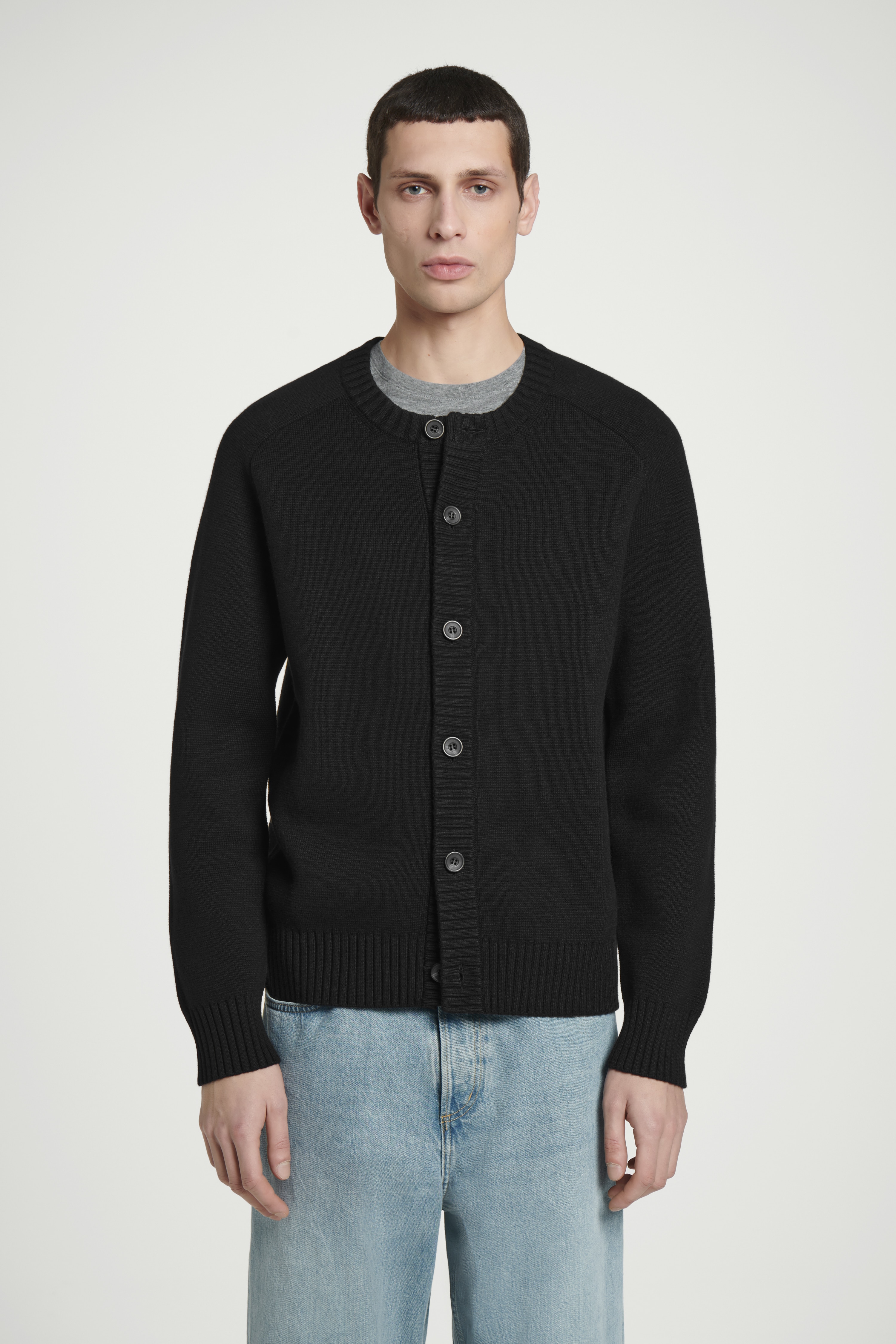 WOOL-BLEND CREW-NECK CARDIGAN - BLACK