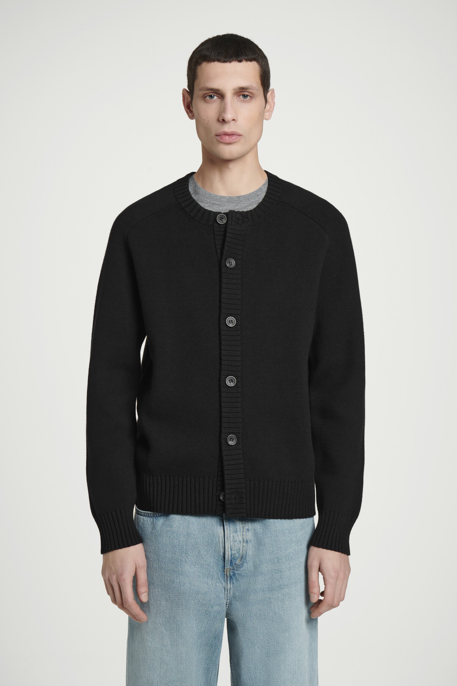 CARDIGAN À COL ROND EN LAINE MÉLANGÉE - NOIR/TAUPE - 1