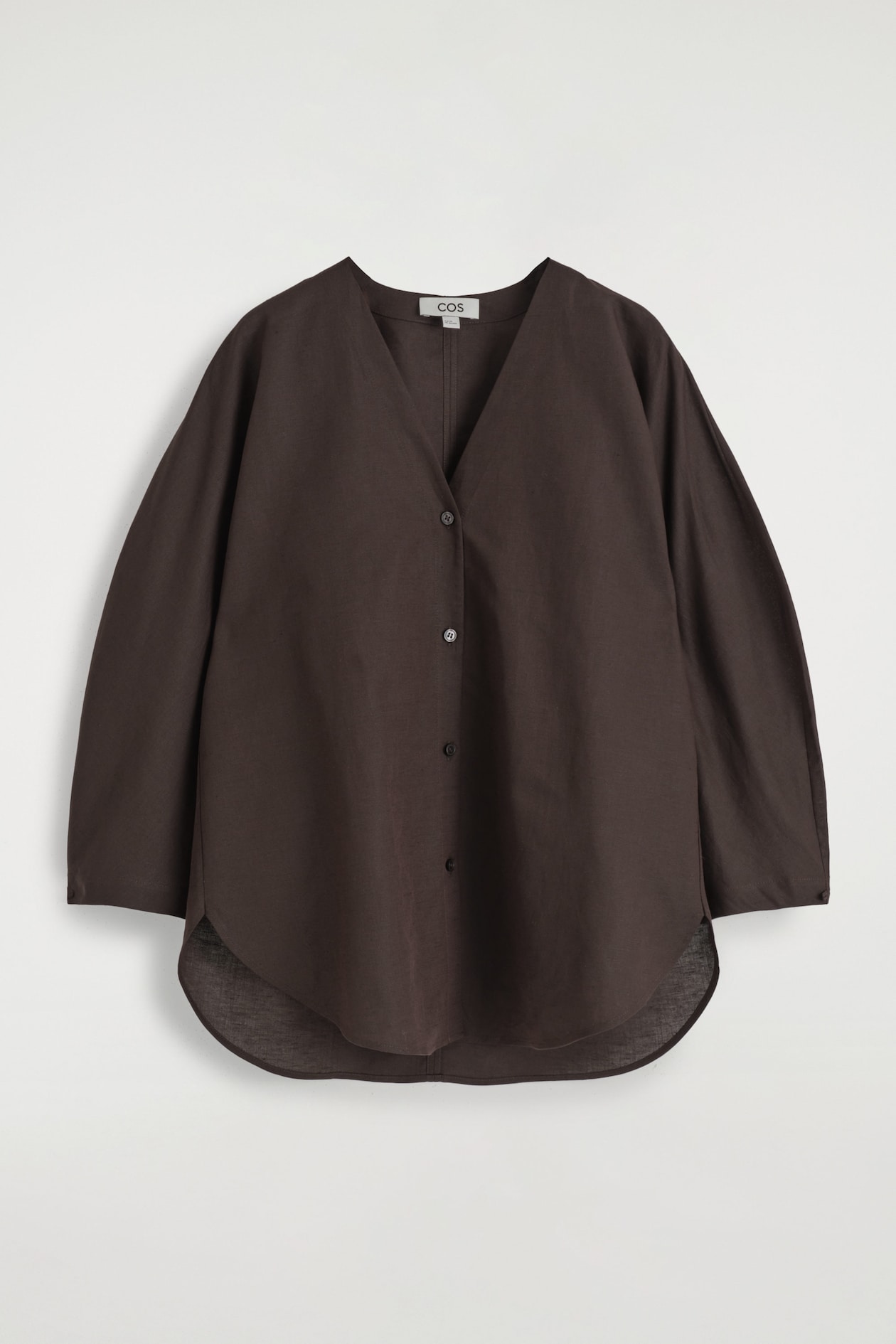 V-NECK LINEN-COTTON SHIRT — DARK BROWN