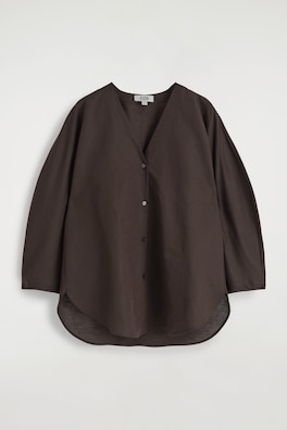 V-NECK LINEN-COTTON SHIRT — DARK BROWN 2