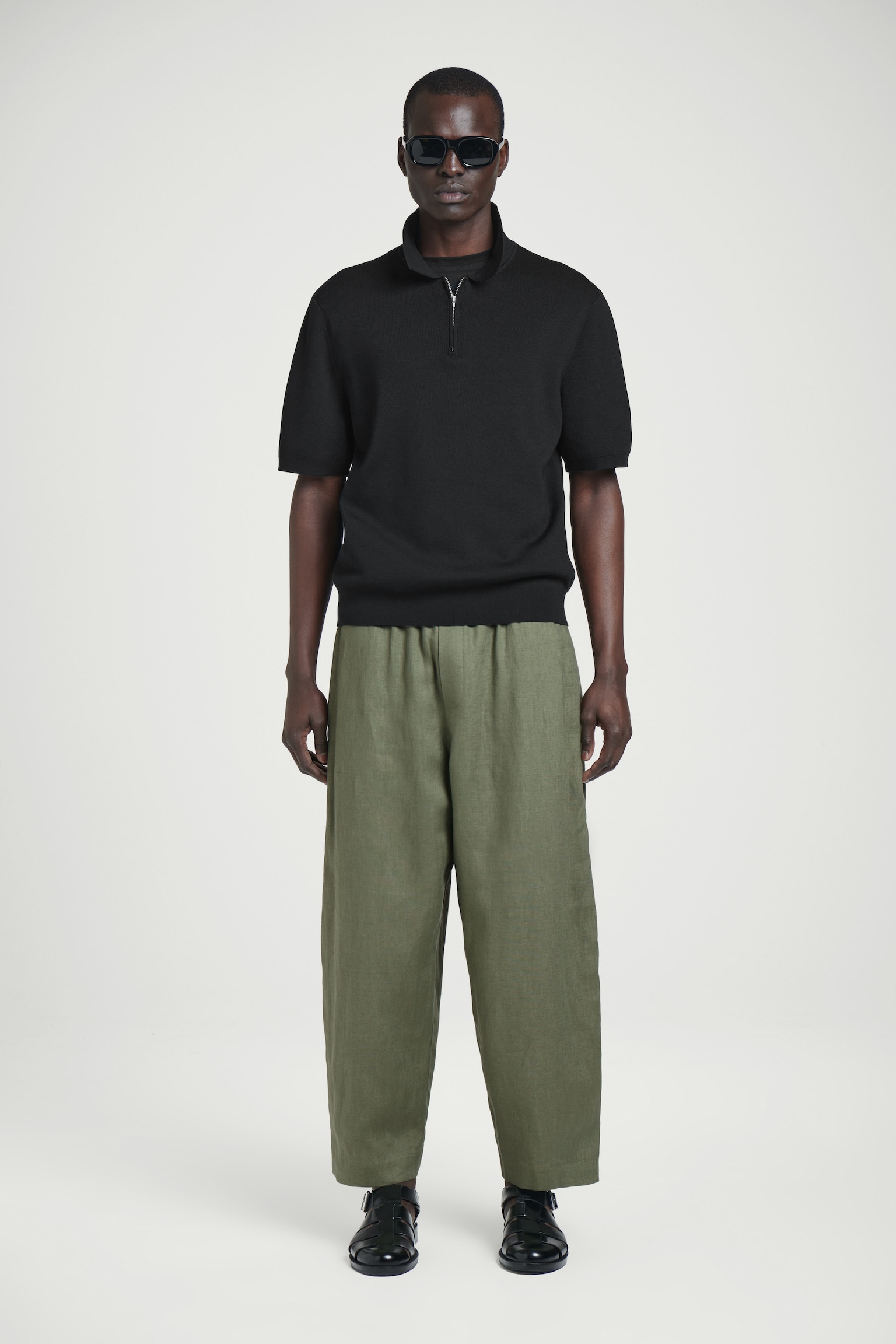 ELASTICATED LINEN WIDE-LEG TROUSERS - GREEN/NAVY