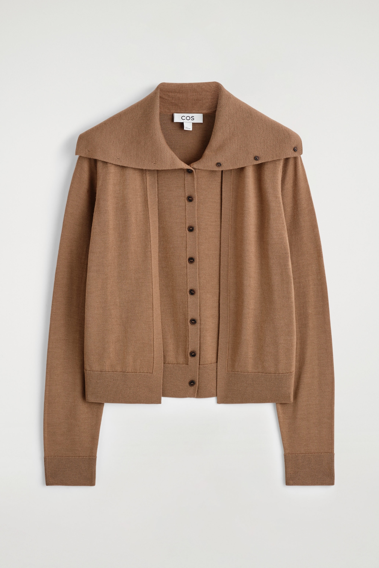 LAYERED MERINO WOOL HIGH-NECK CARDIGAN — CAMEL