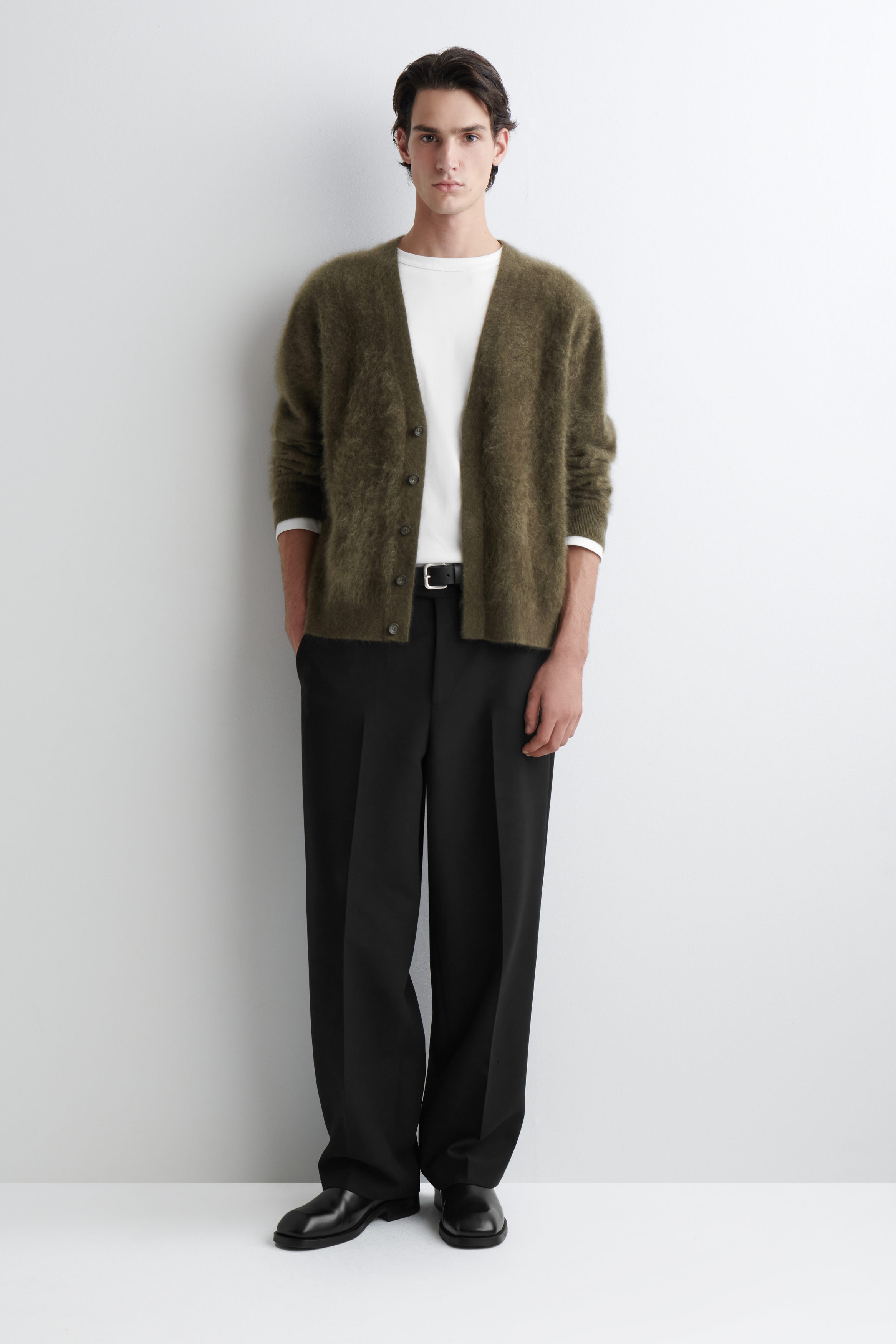 BRUSHED-CASHMERE V-NECK CARDIGAN - DARK KHAKI | COS US