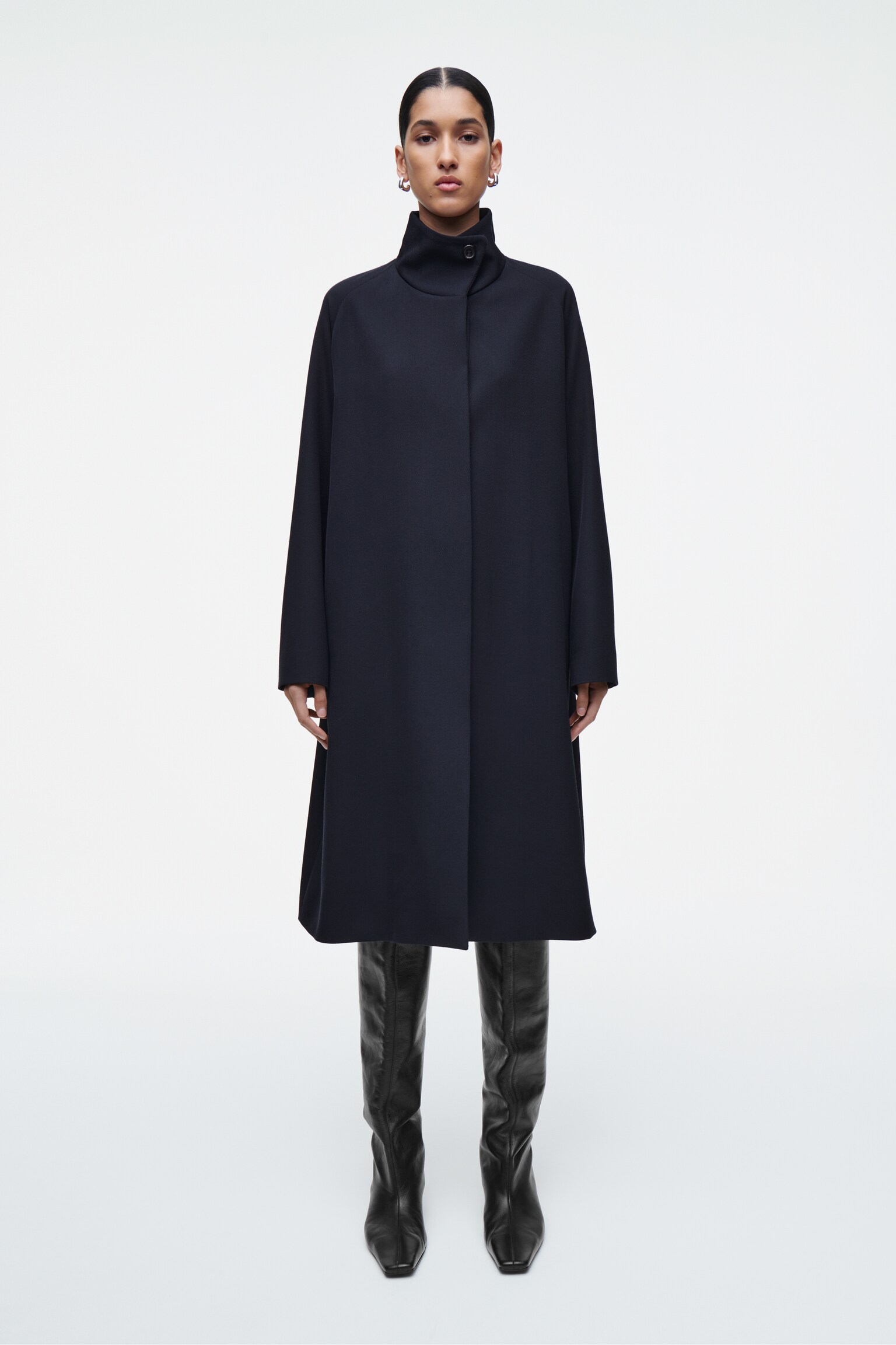 TRAPEZE WOOL-BLEND LONG COAT - NAVY/BEIGE - 1