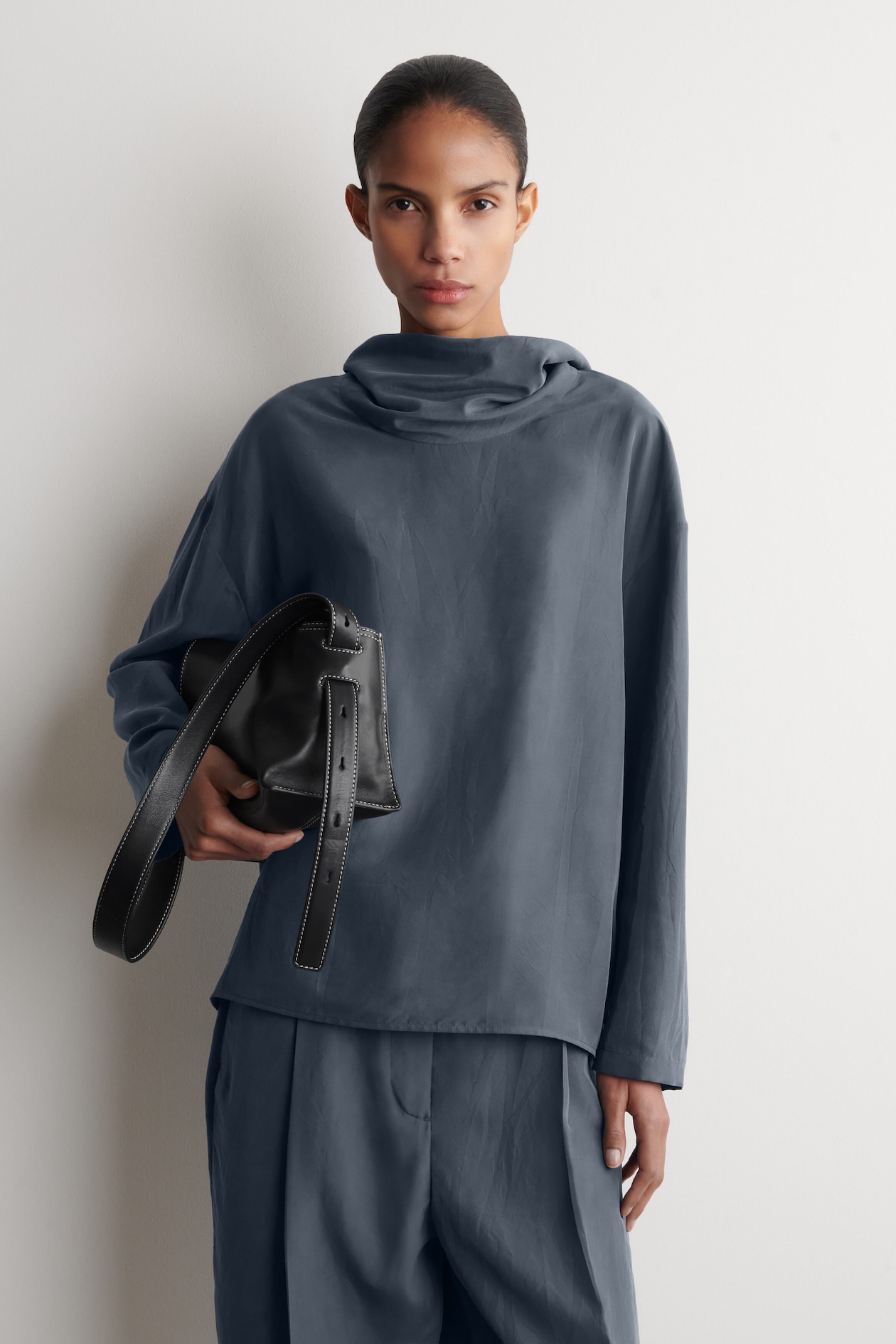 WASHED-SILK MOCK-NECK TOP — BLUE