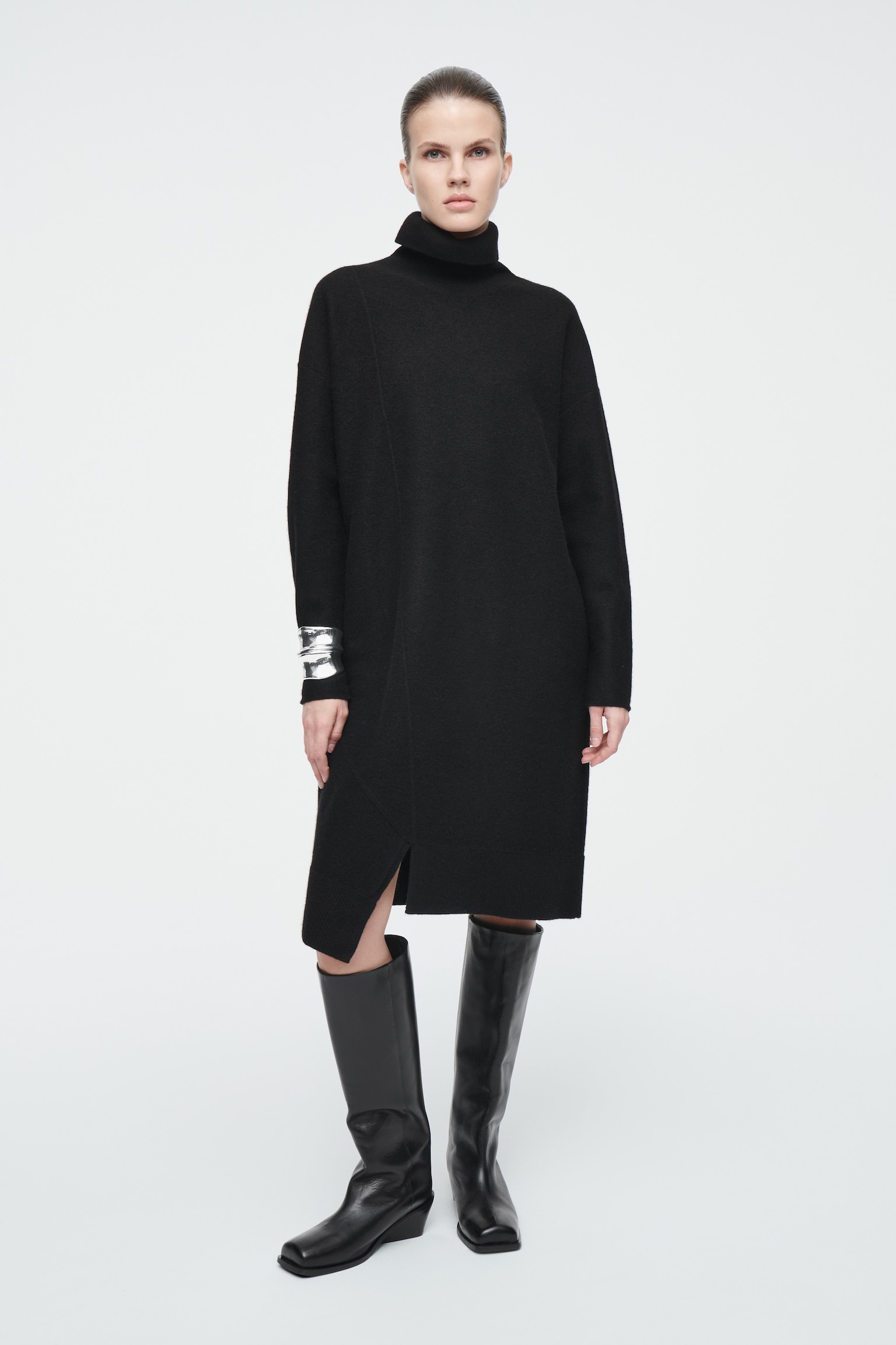 ROBE ASYMÉTRIQUE EN LAINE MÉRINOS - NOIR/GRIS FONCÉ
