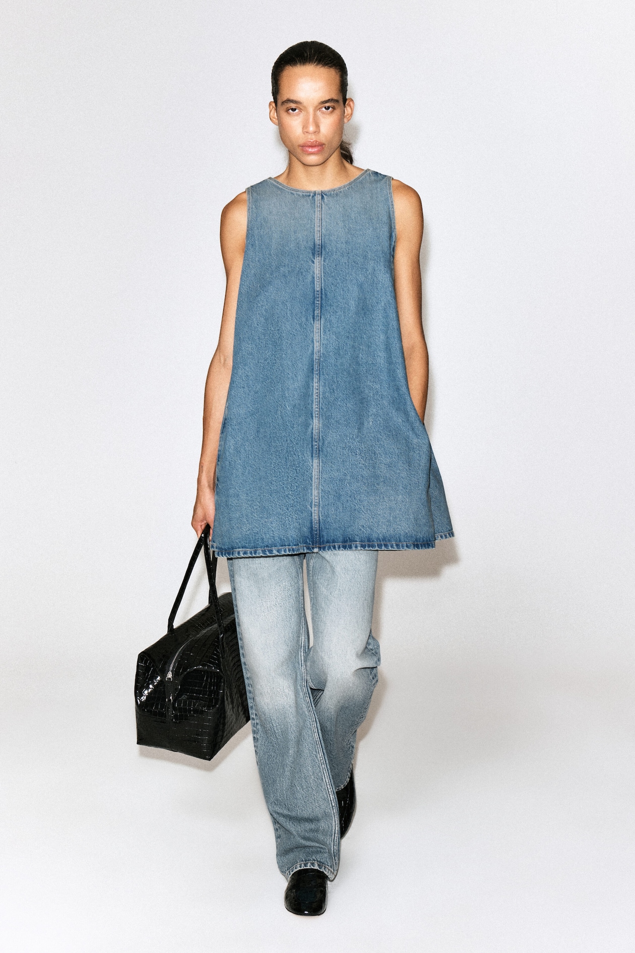 DENIM A-LINE MINI DRESS — BLUE