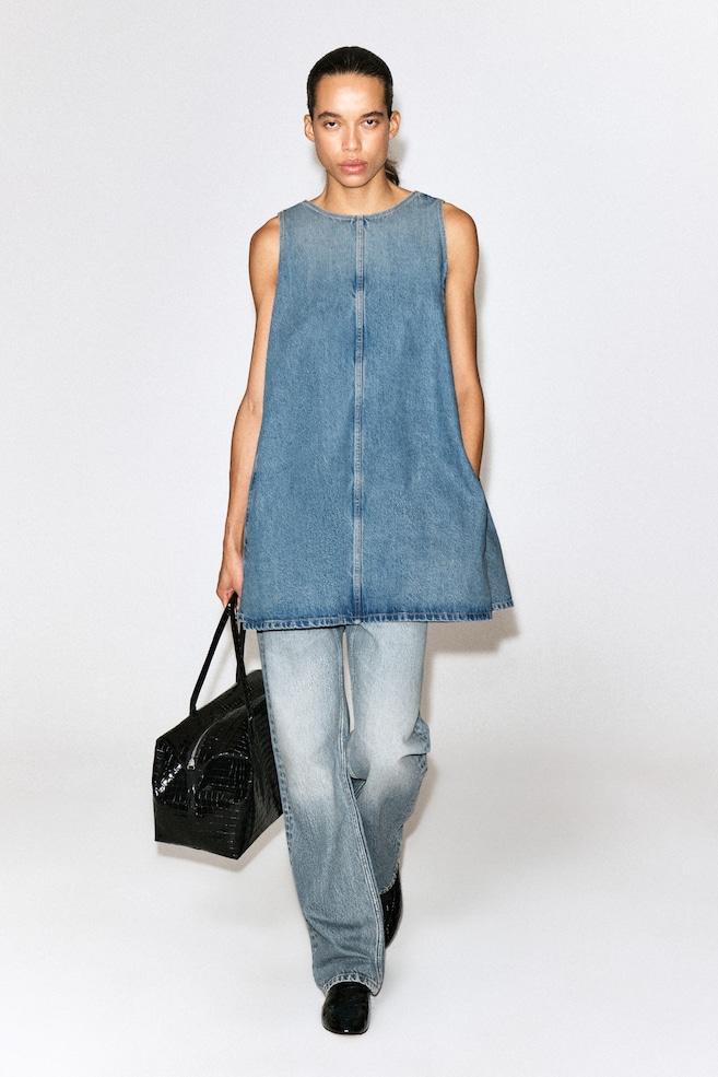 DENIM A-LINE MINI DRESS — BLUE