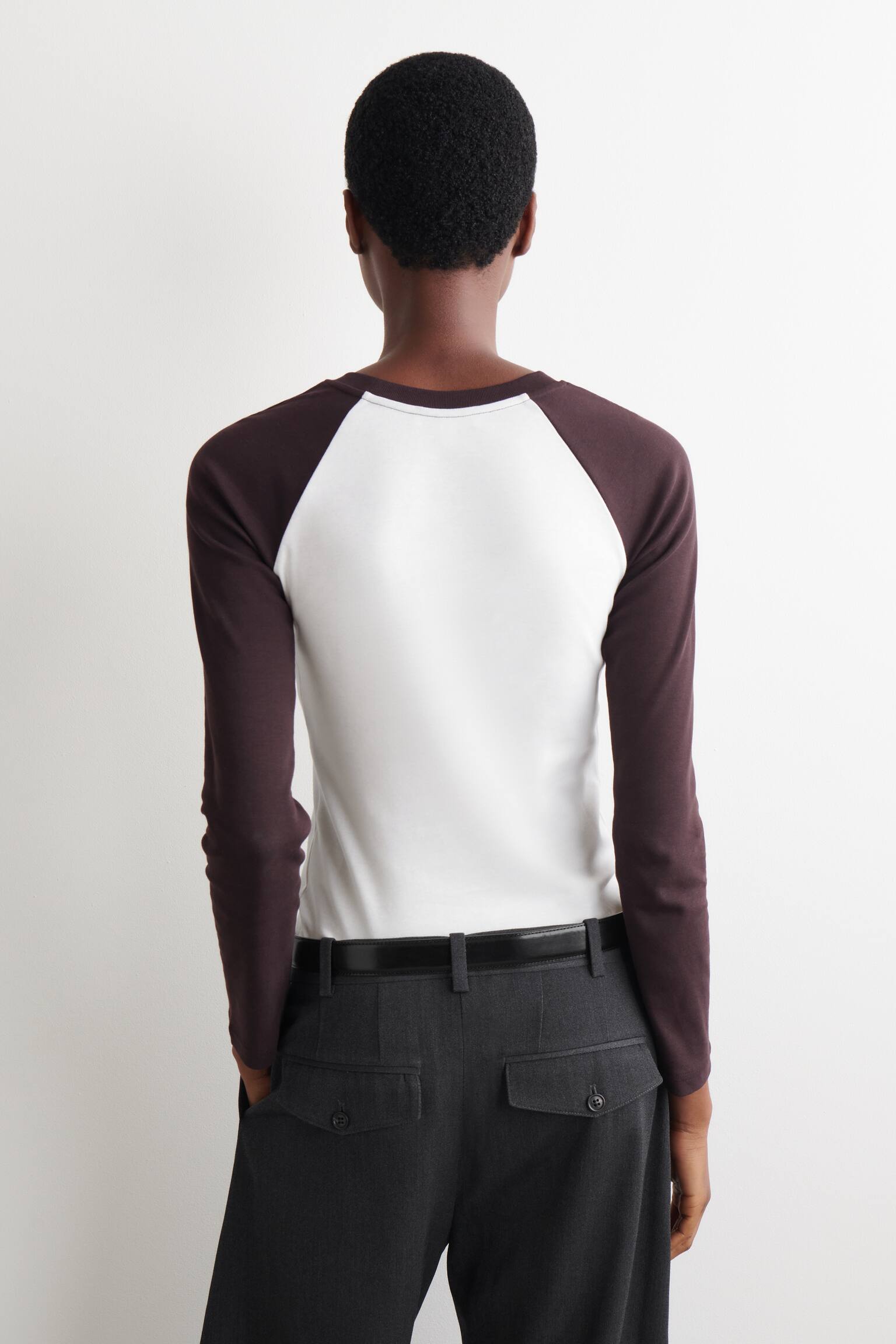 T-shirt met contrasterende mouwen - Wit / bruin/wit / blauw - 5