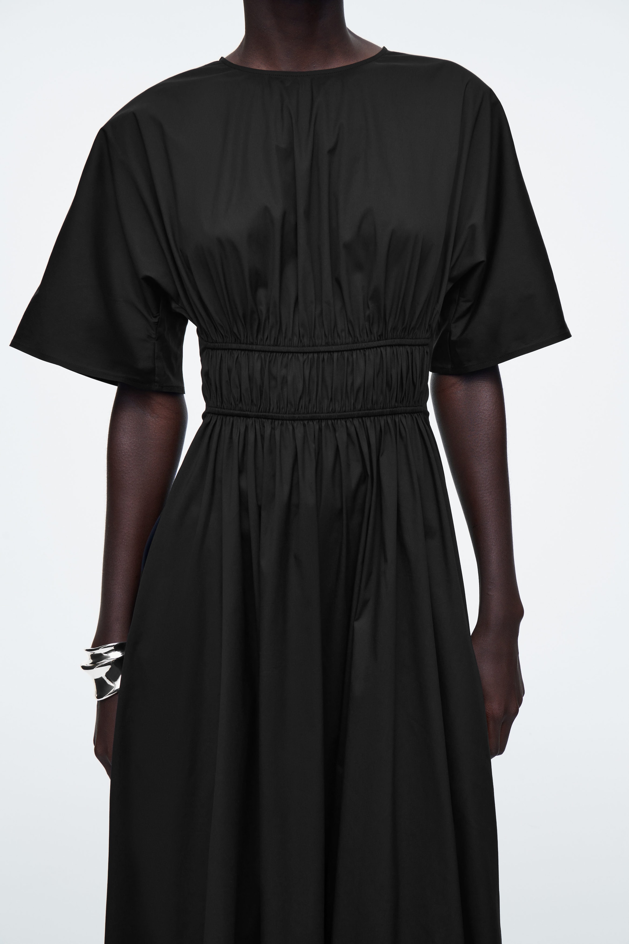 GATHERED OPEN-BACK MIDI DRESS