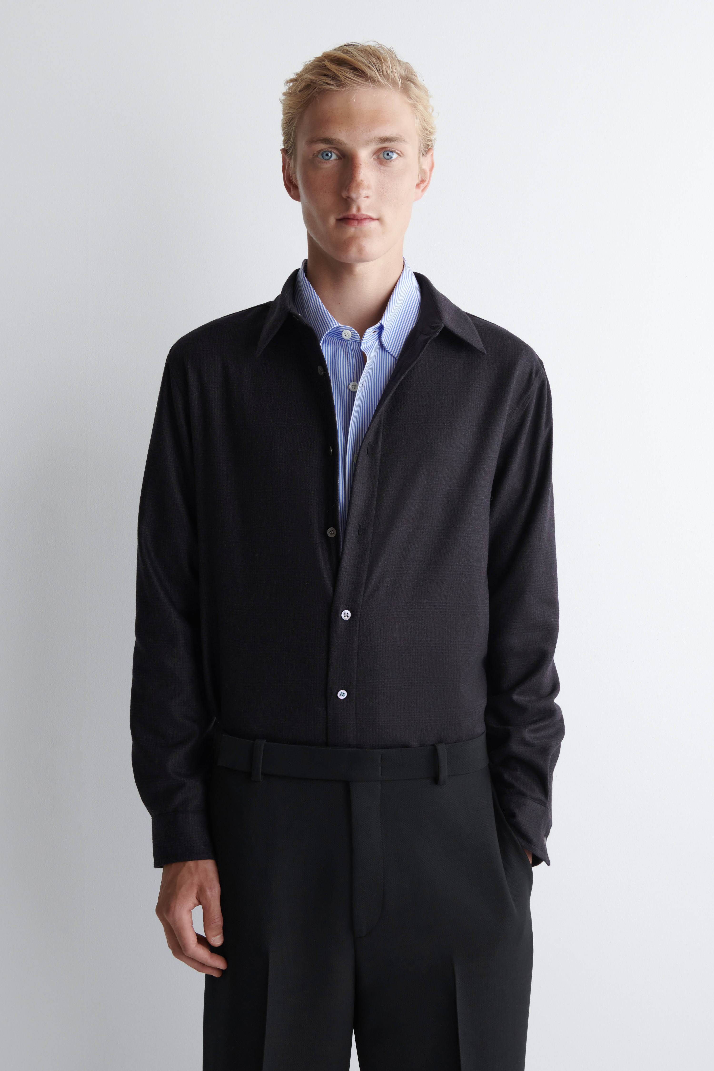 CAMISA DE FRANELA DE LANA RELAXED FIT - NEGRO/A CUADROS/GRIS MARENGO JASPEADO