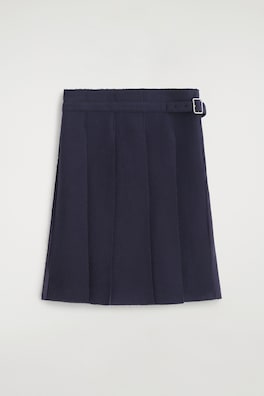 BELTED PLEATED WOOL-BLEND SKIRT — NAVY 8