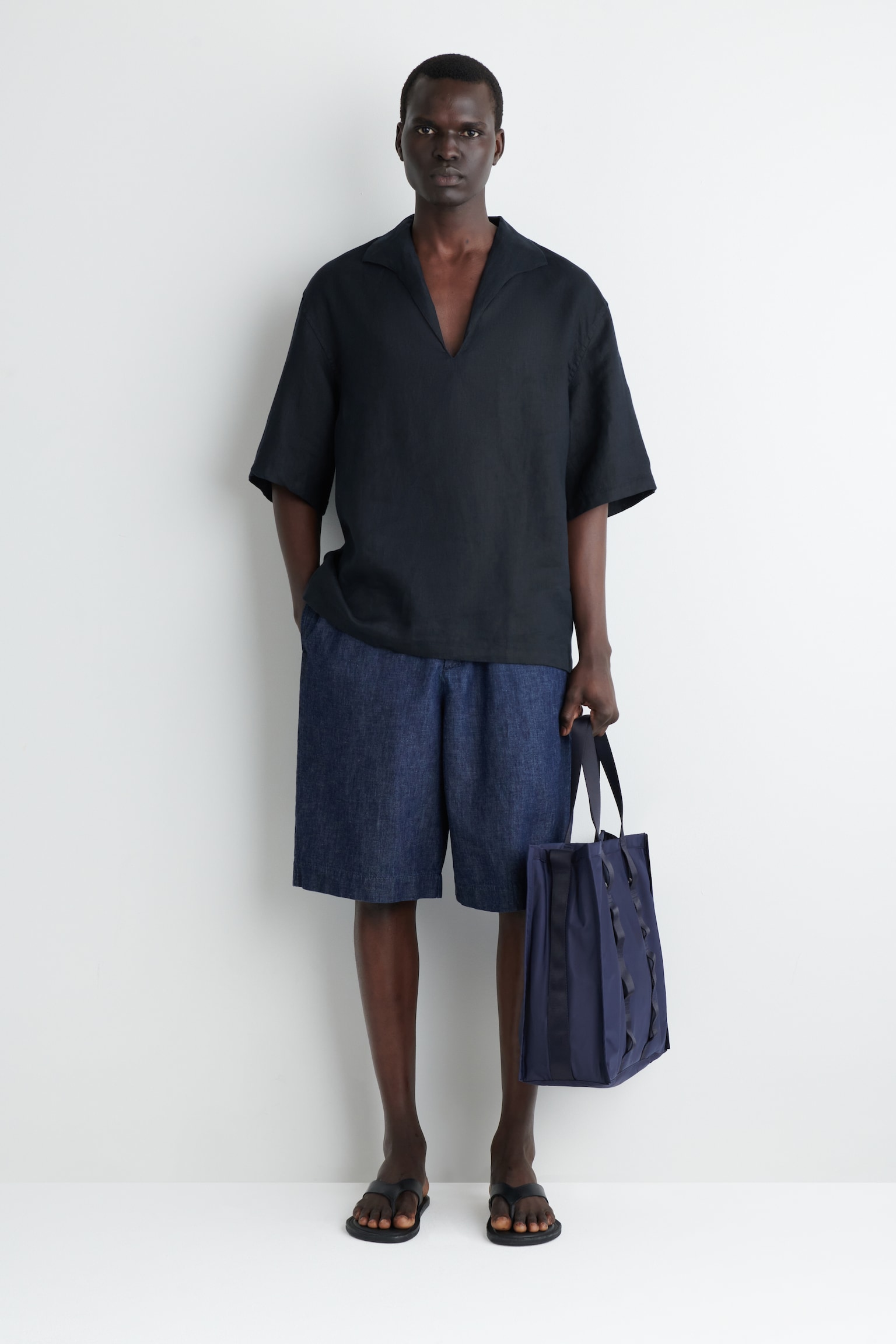 CAMICIA IN LINO CON COLLETTO APERTO - BLU NAVY/AZZURRO - 7