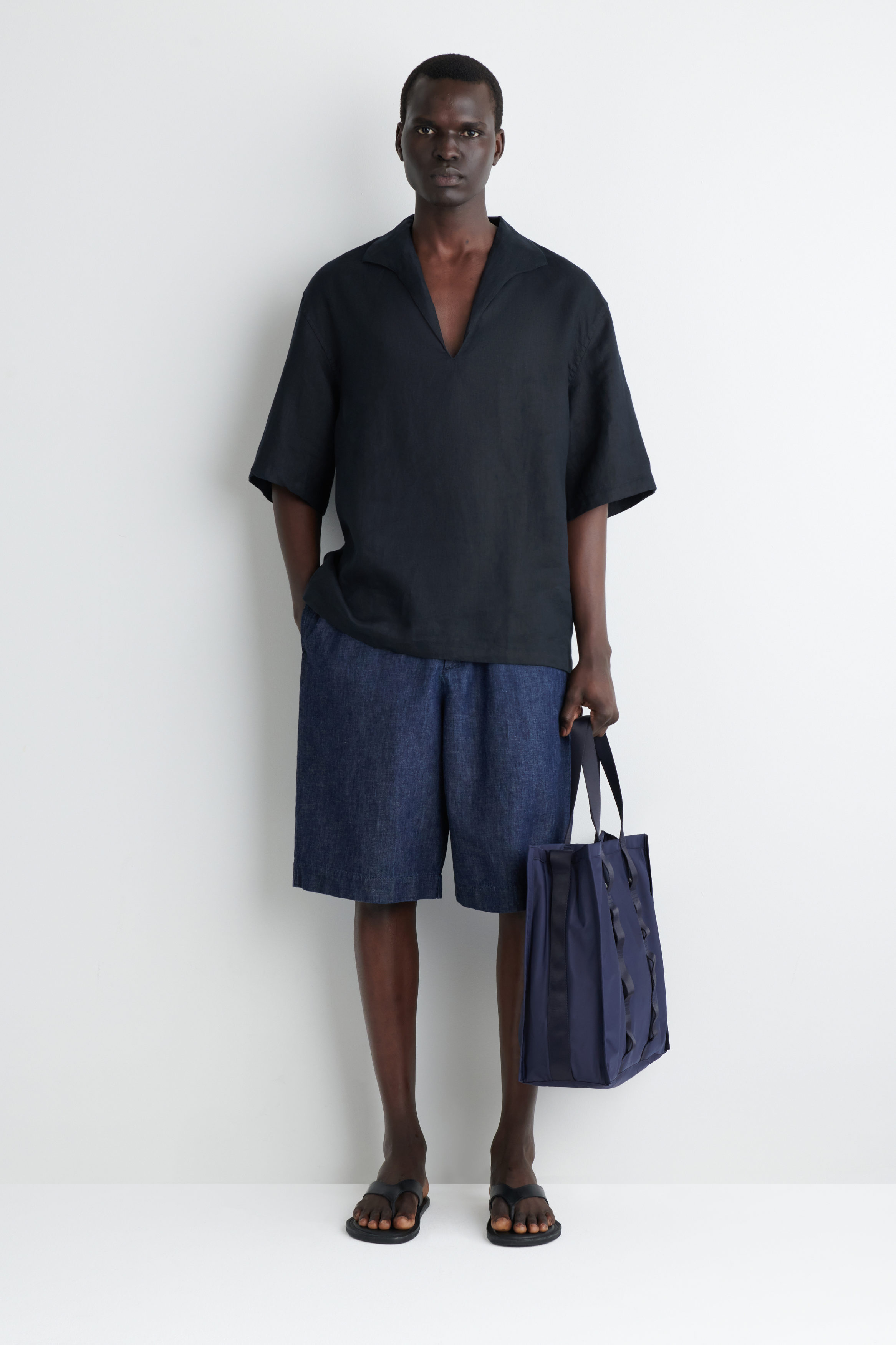COS オープンカラーリネンシャツ opencollar linen shirt OPEN-COLLAR LINEN SHIRT - NAVY | COS