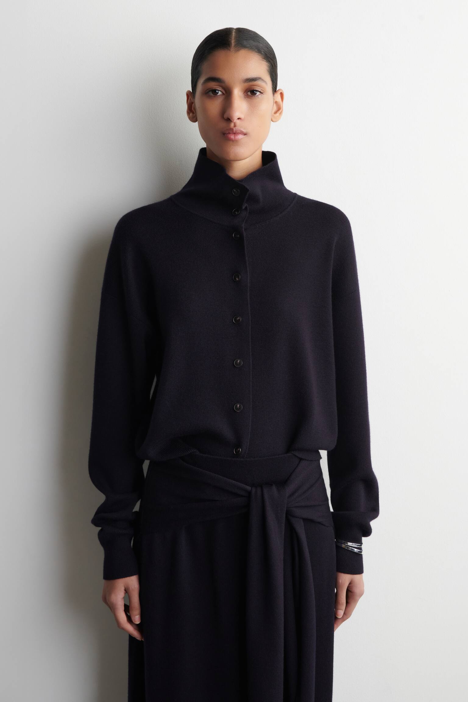 MERINO WOOL FUNNEL-NECK CARDIGAN - NAVY/BEIGE MÉLANGE - 1