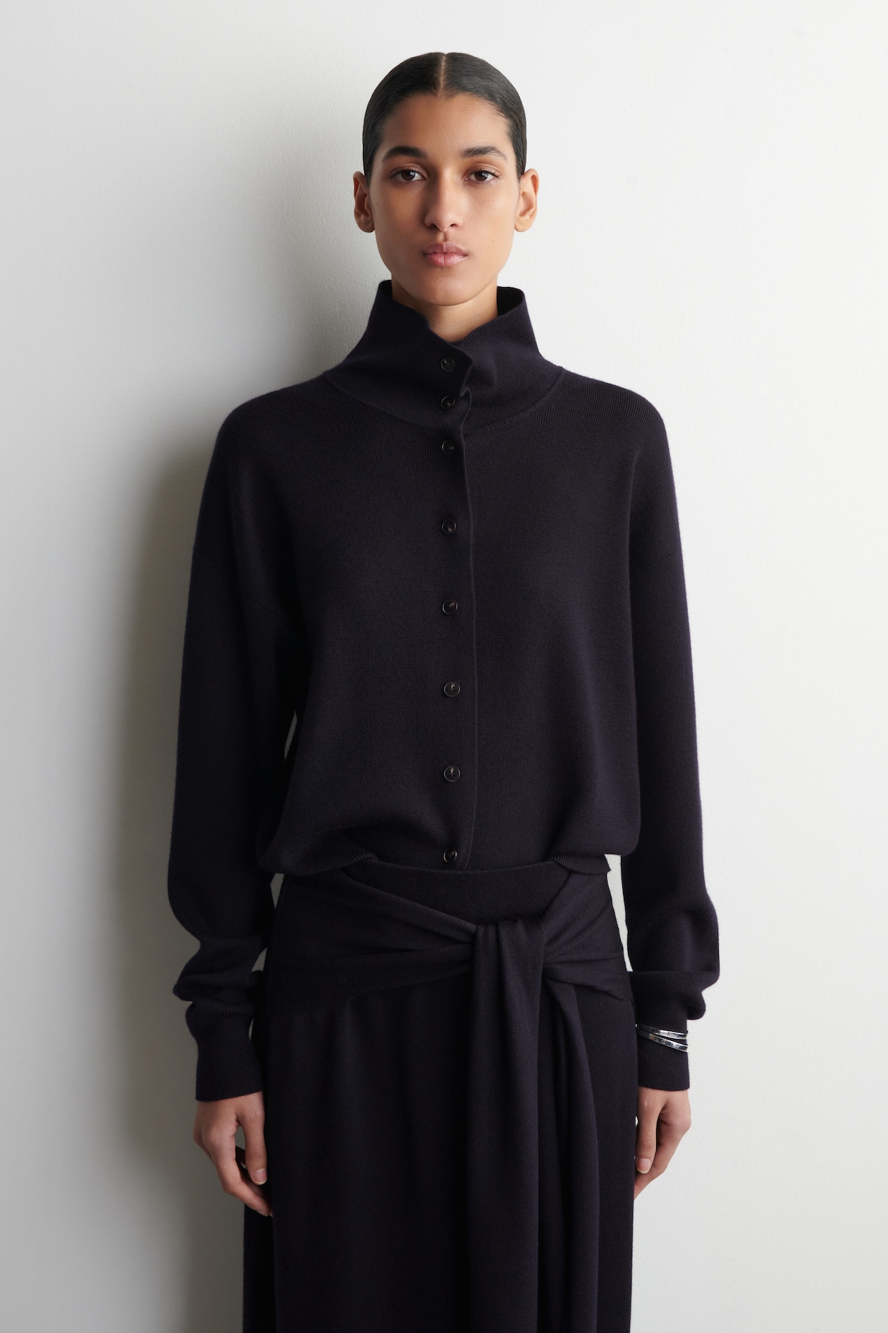 MERINO WOOL FUNNEL-NECK CARDIGAN
