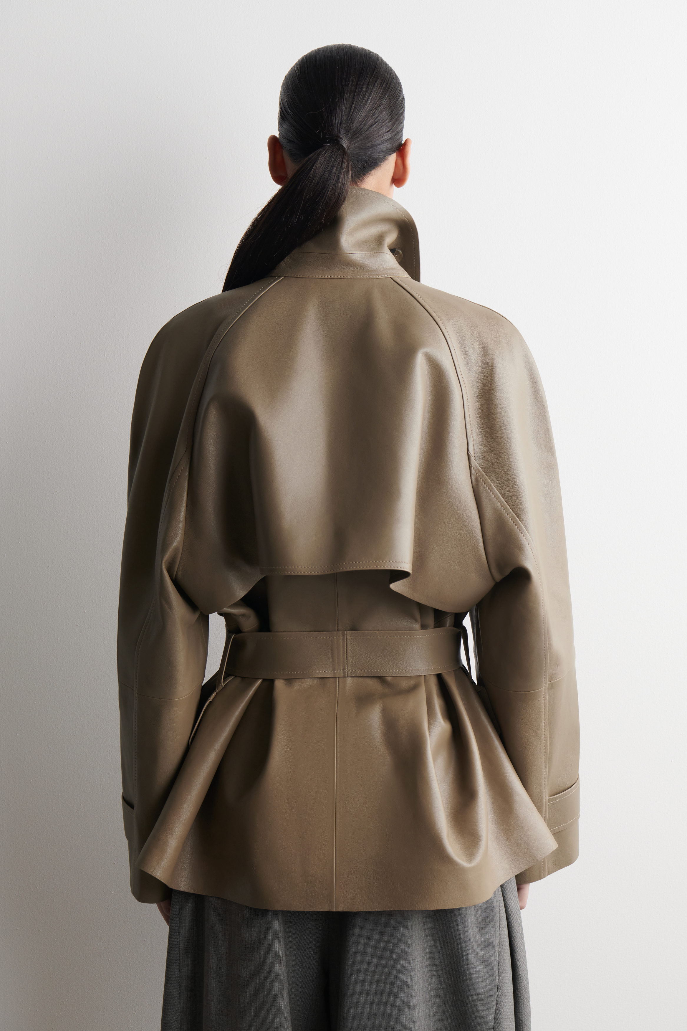 mock-NECK LEATHER SHORT TRENCH COAT - BEIGE | COS US