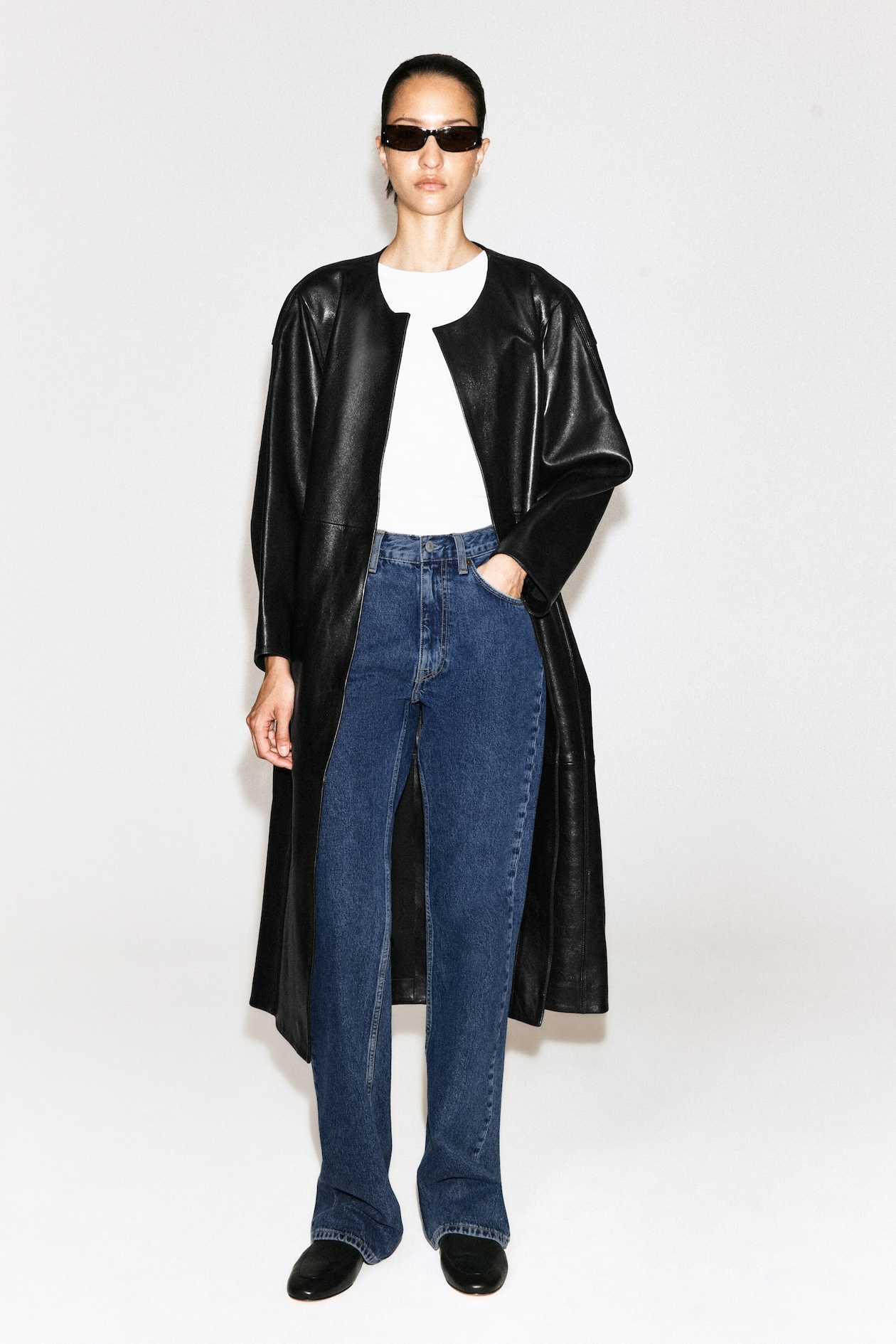 PANELED LEATHER LONG COAT — BLACK