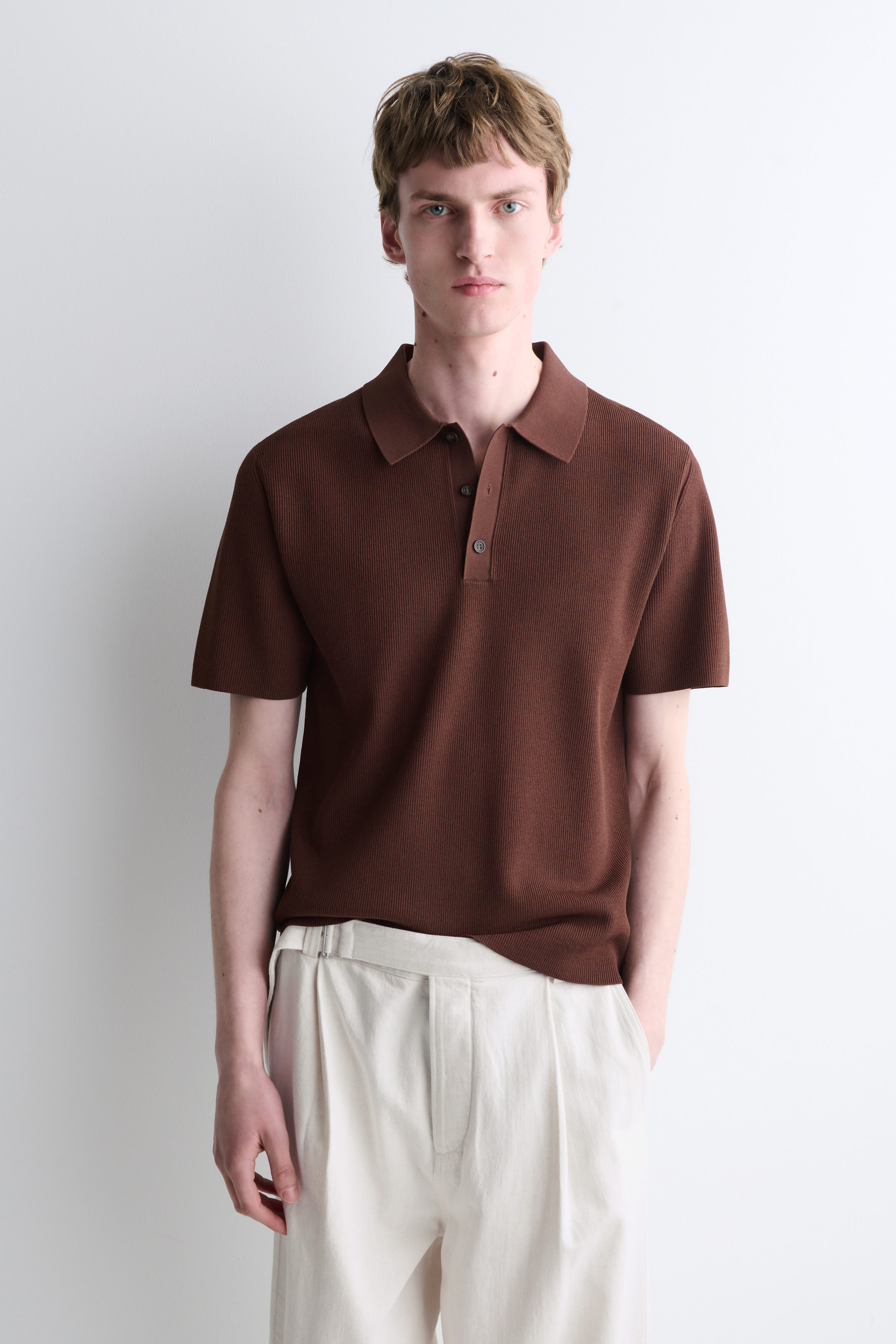 SLIM RIBBED BOUCLÉ-KNIT POLO SHIRT - RUST | COS US