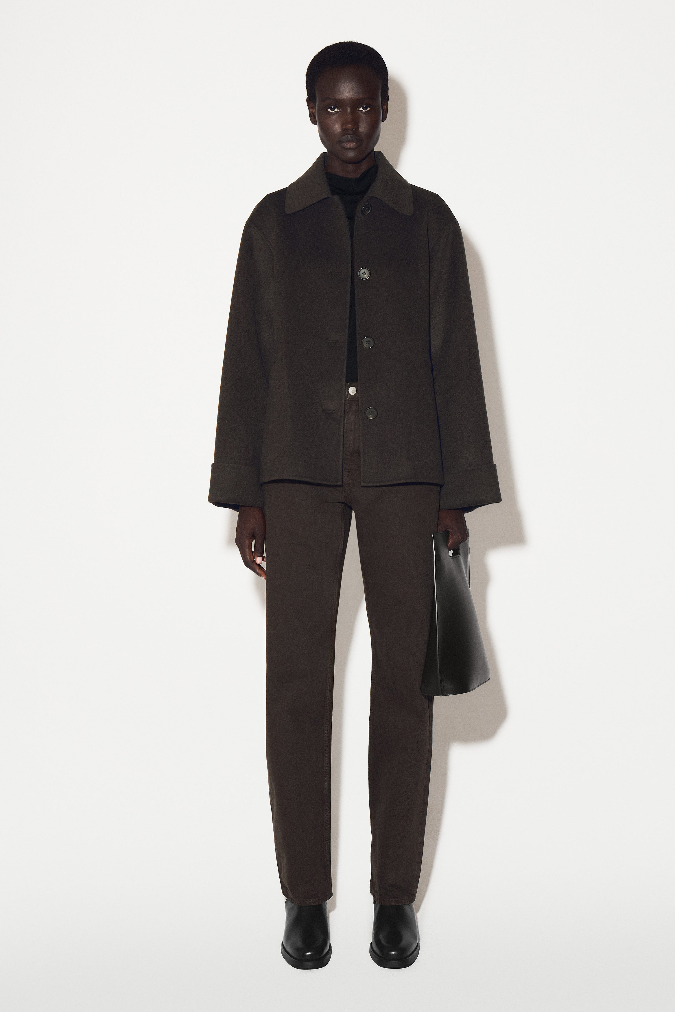 DOUBLE-FACED WOOL SHORT JACKET - DARK BROWN | COS