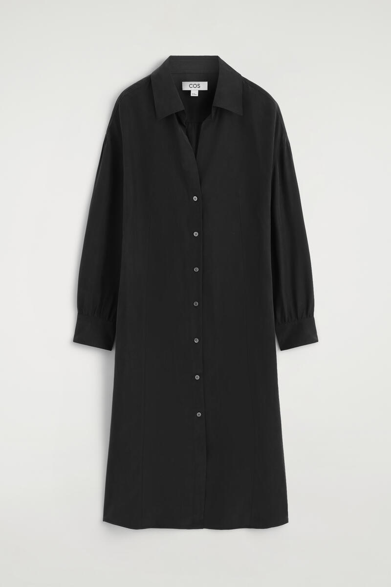COS Gathered Washed-Silk Midi Shirt Dress Black Women's Size 32