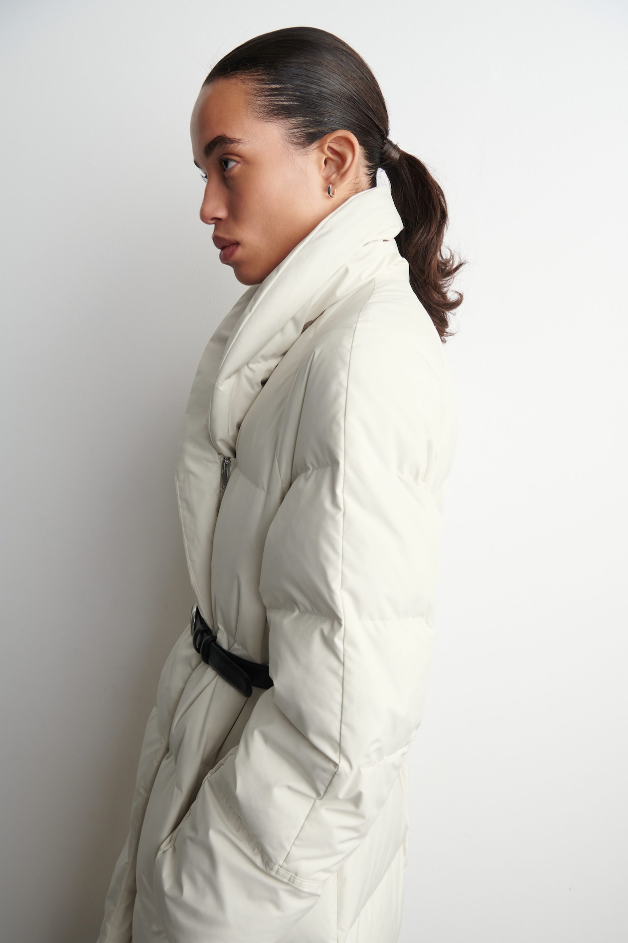 SHAWL-COLLAR QUILTED DOWN LONG COAT — OFF-WHITE