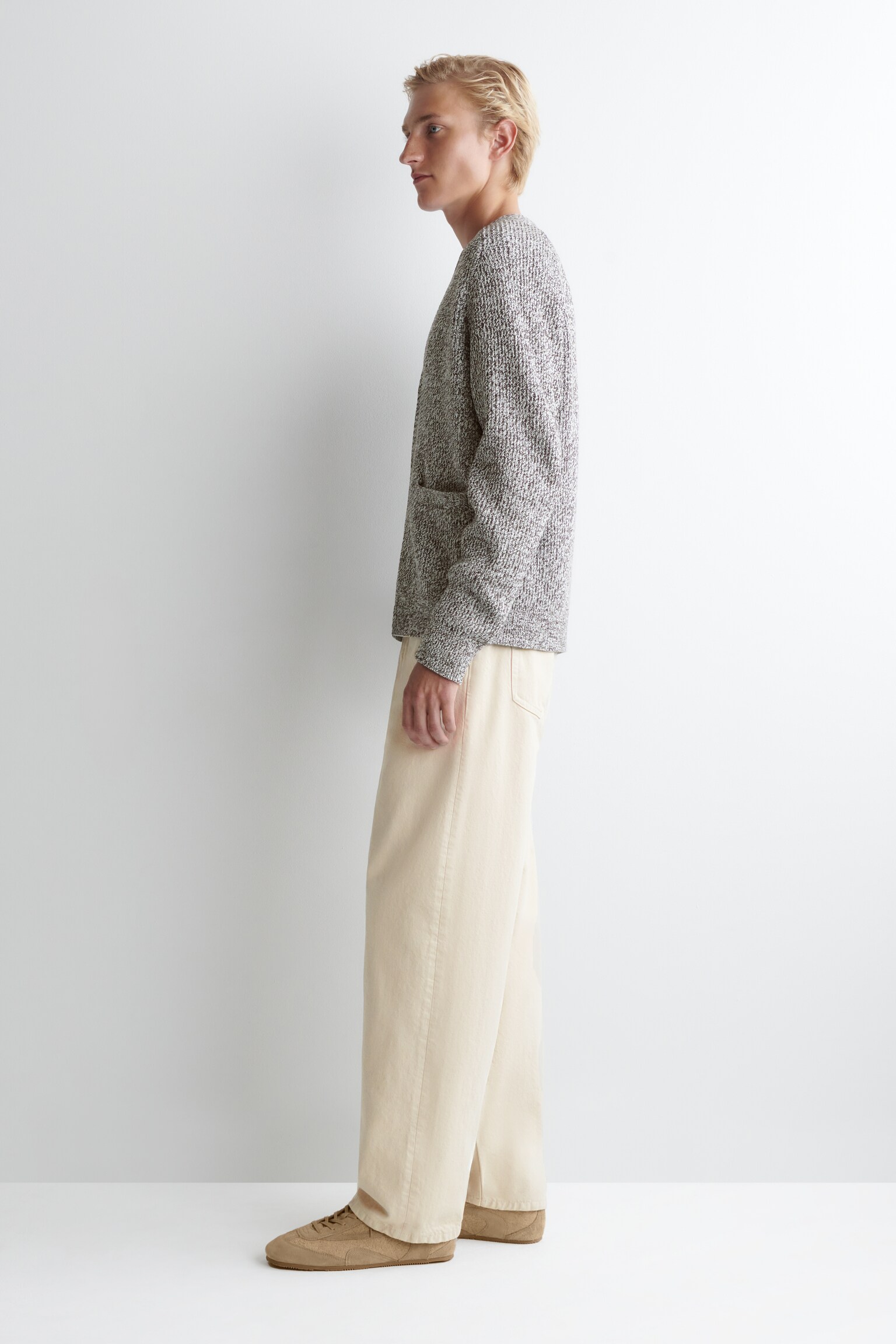 CARDIGAN ZIPPÉ À COL EN V MOUCHETÉ - BRUN CHINÉ - 5