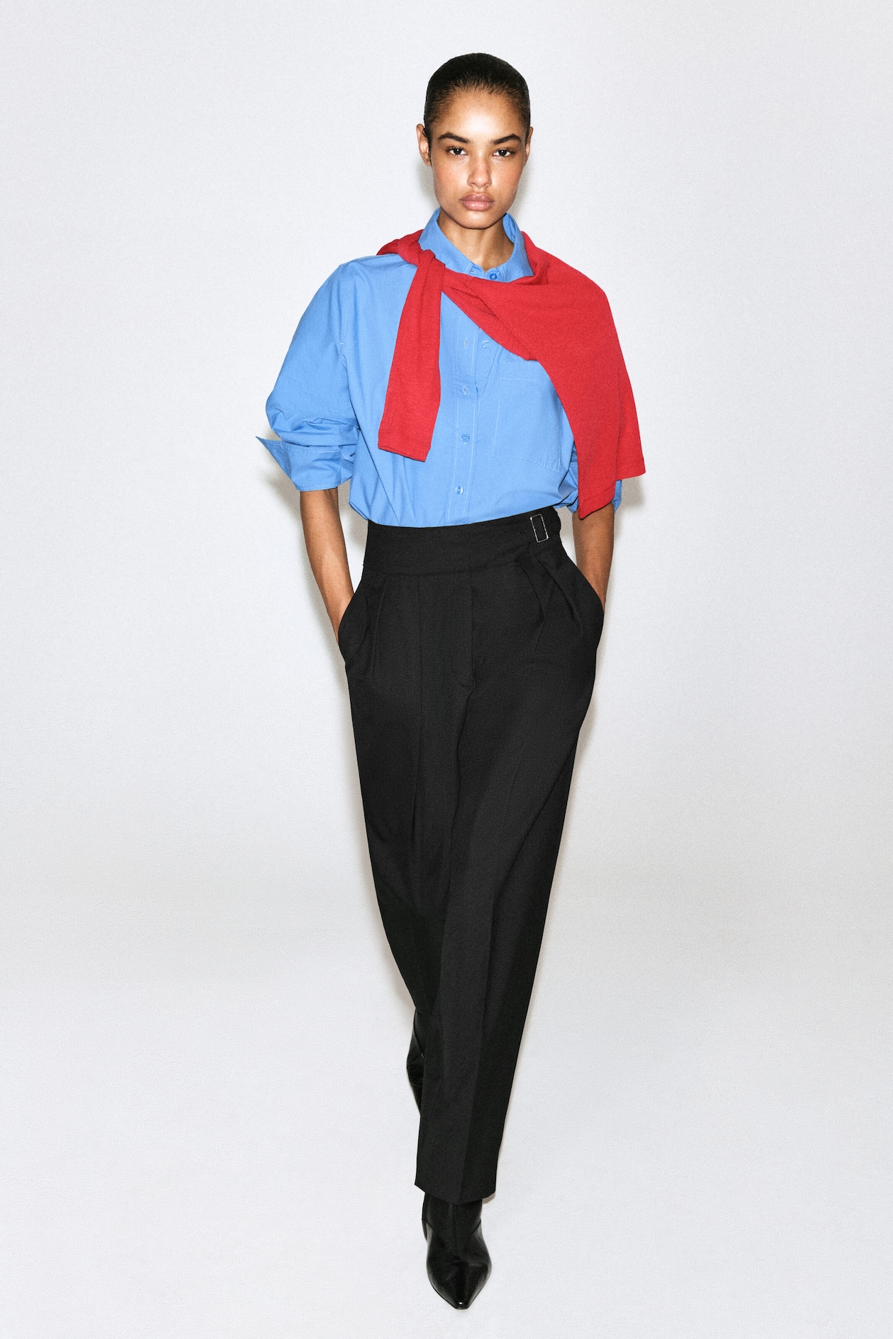 CUMMERBUND-WAIST BARREL-LEG PANTS — BLACK