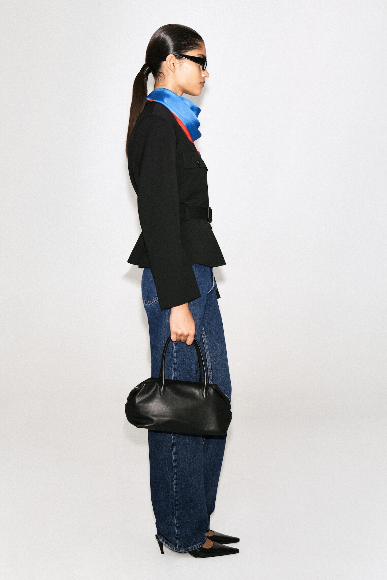 BELTED PEPLUM JACKET — BLACK