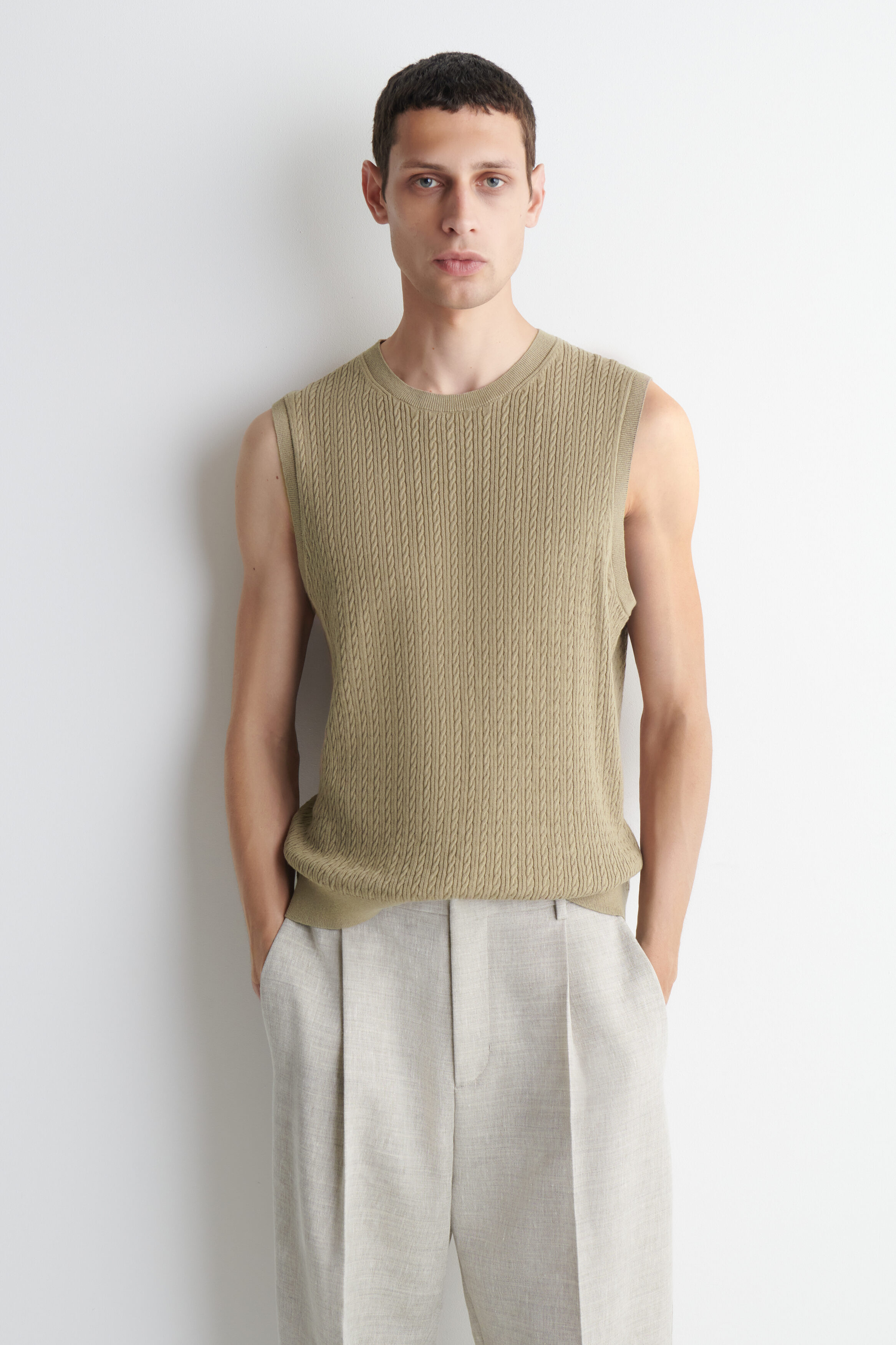 CABLE-KNIT COTTON-LINEN TANK TOP