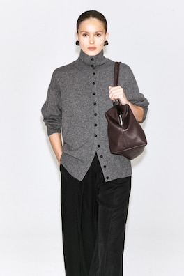 SCULPTED PURE CASHMERE MOCK-NECK CARDIGAN — GRAY MÉLANGE 1
