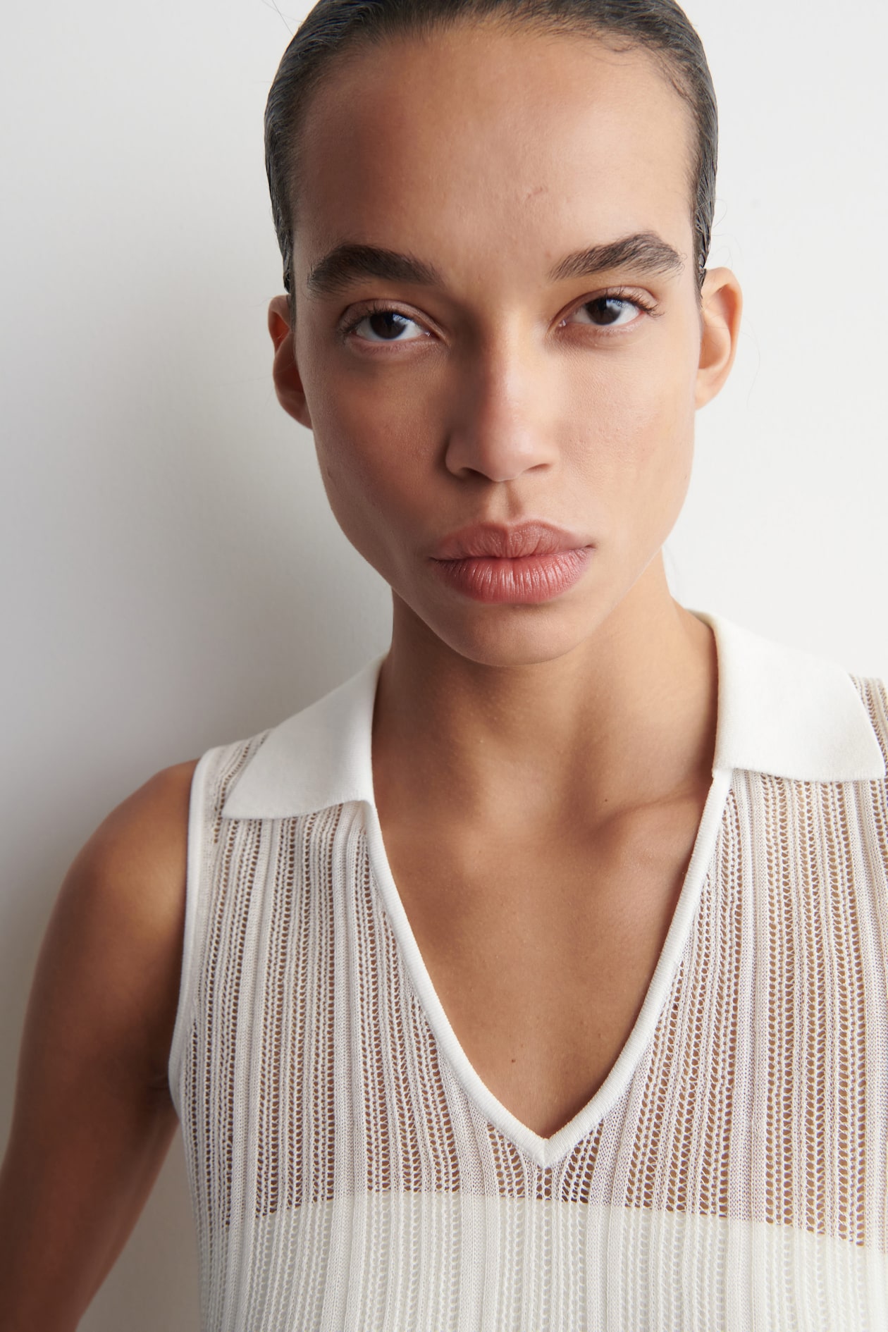 SHEER LACE-KNIT DRESS — CHALK