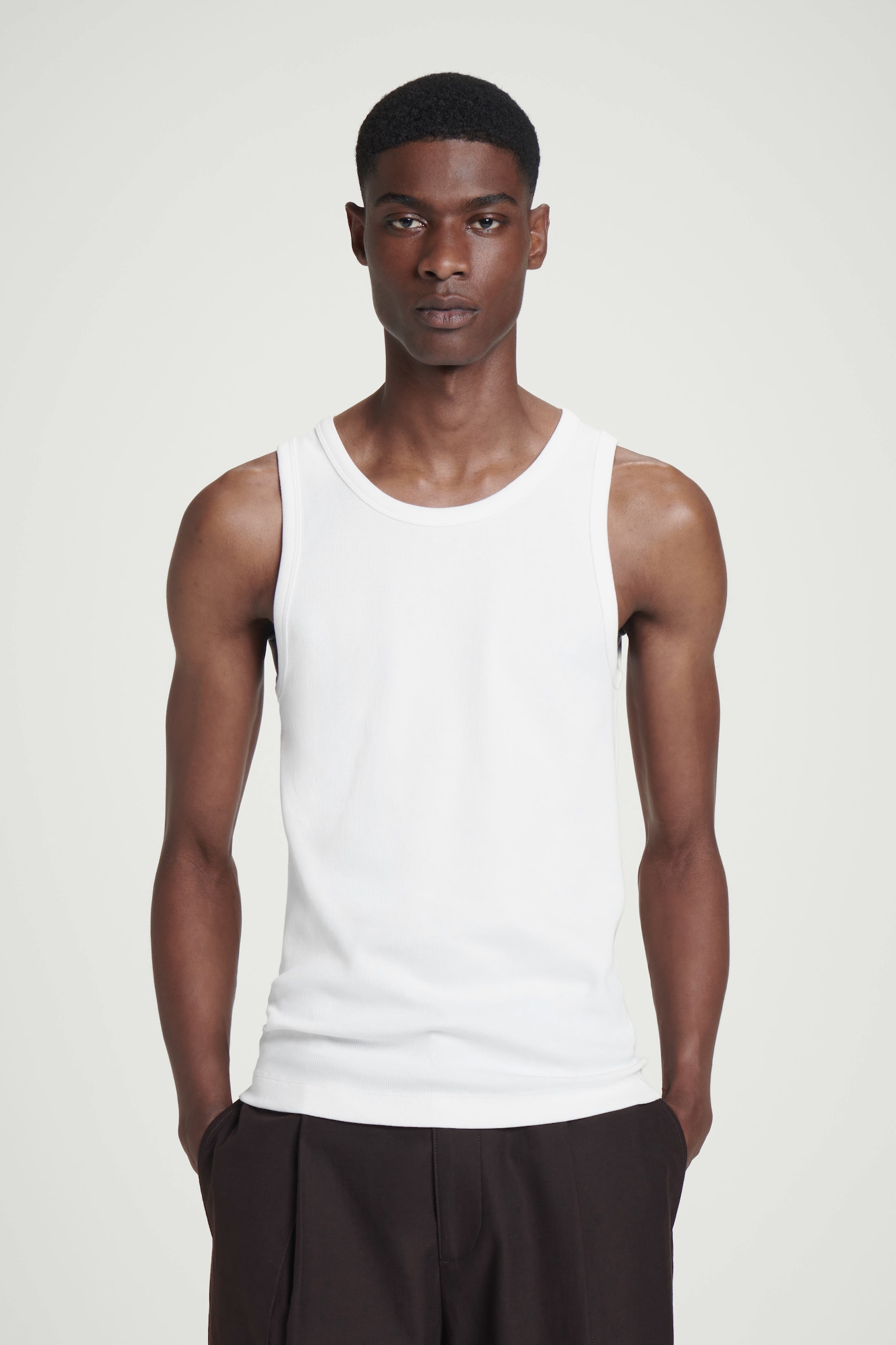 SLIM RIBBED COTTON TANK TOP - WHITE/NAVY/DARK MOLE
