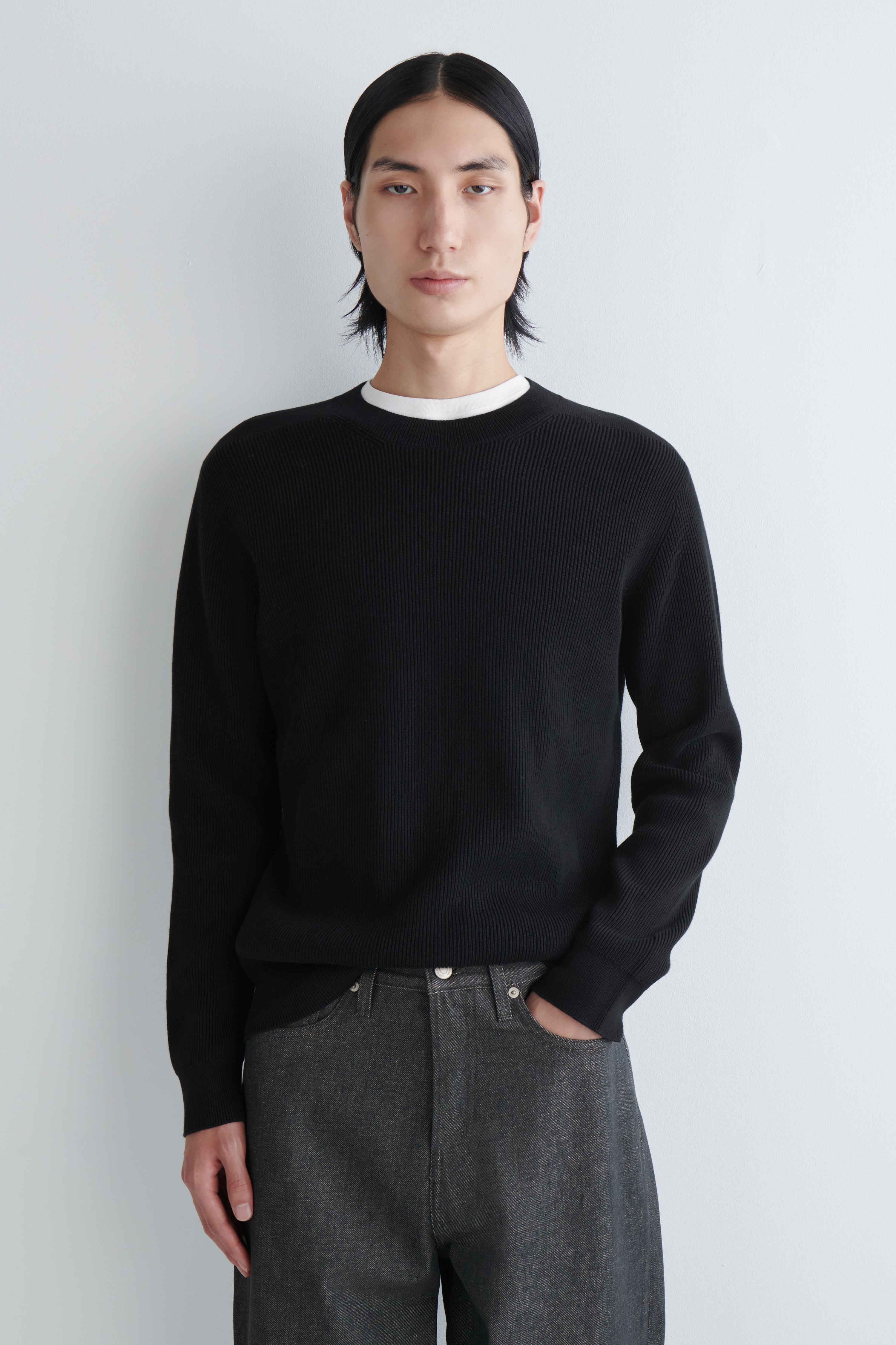 COTTON CREW-NECK JUMPER - BLACK/NAVY/OFF-WHITE