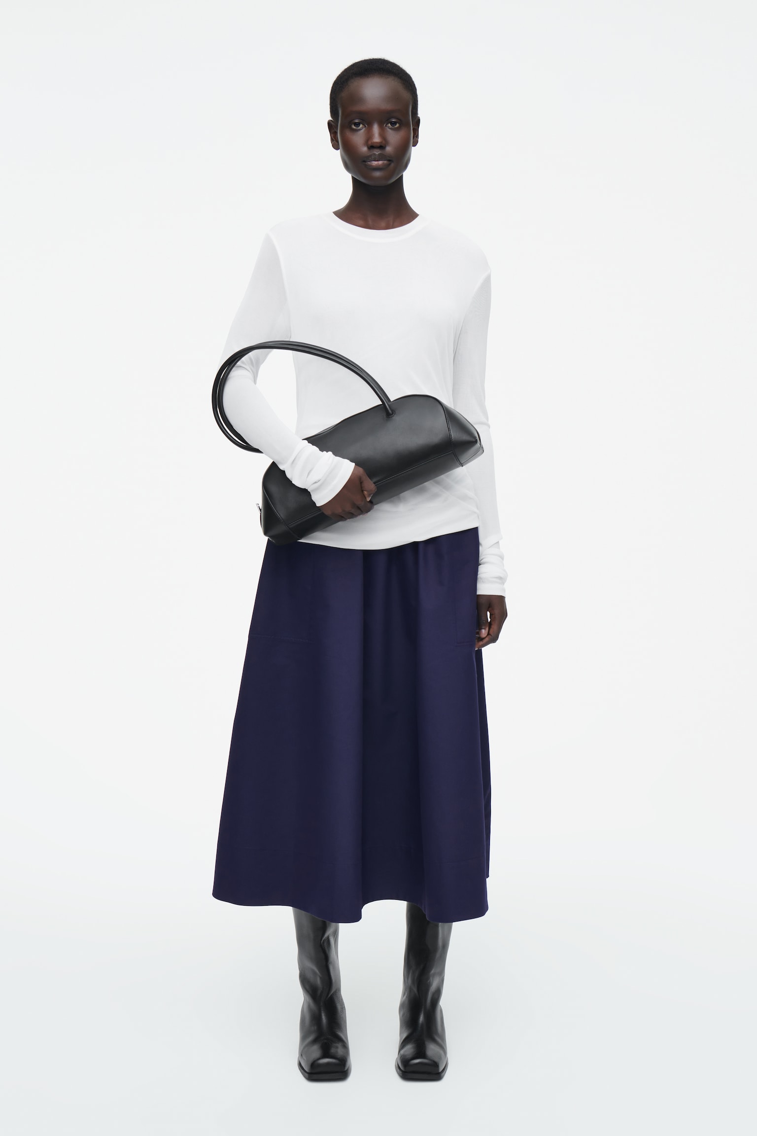 GATHERED A-LINE MIDI SKIRT - NAVY