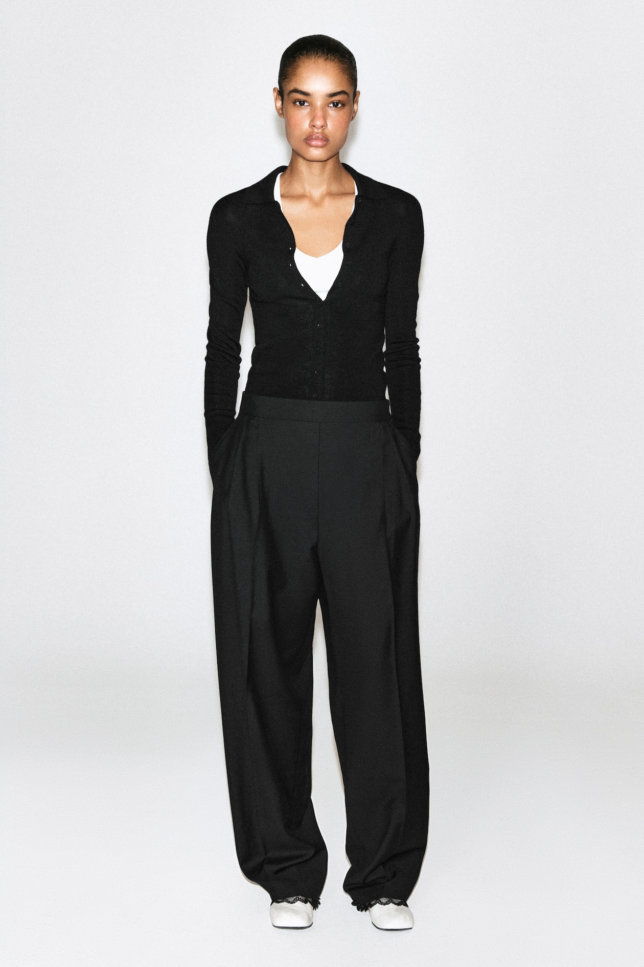 LACE-DETAIL WOOL TAPERED PANTS — BLACK