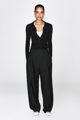 LACE-DETAIL WOOL TAPERED PANTS — BLACK 1