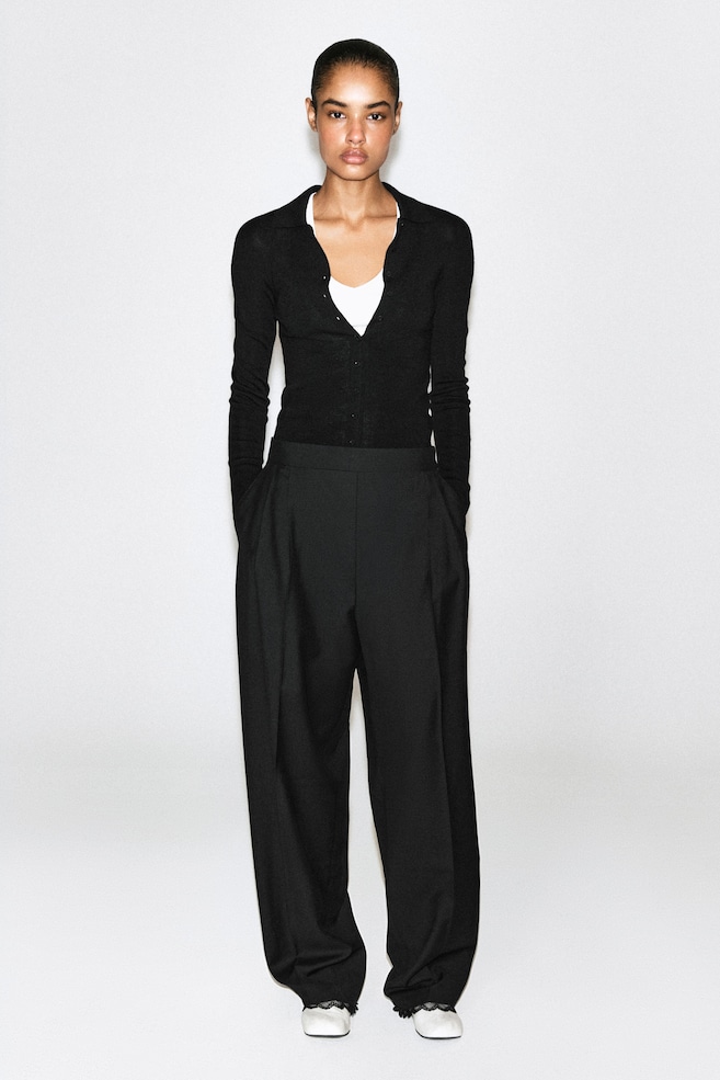 LACE-DETAIL WOOL TAPERED PANTS — BLACK