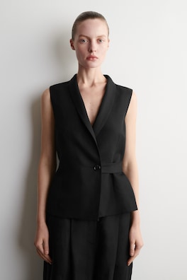 SHAWL-COLLAR BELTED LINEN-BLEND WAISTCOAT — BLACK 1
