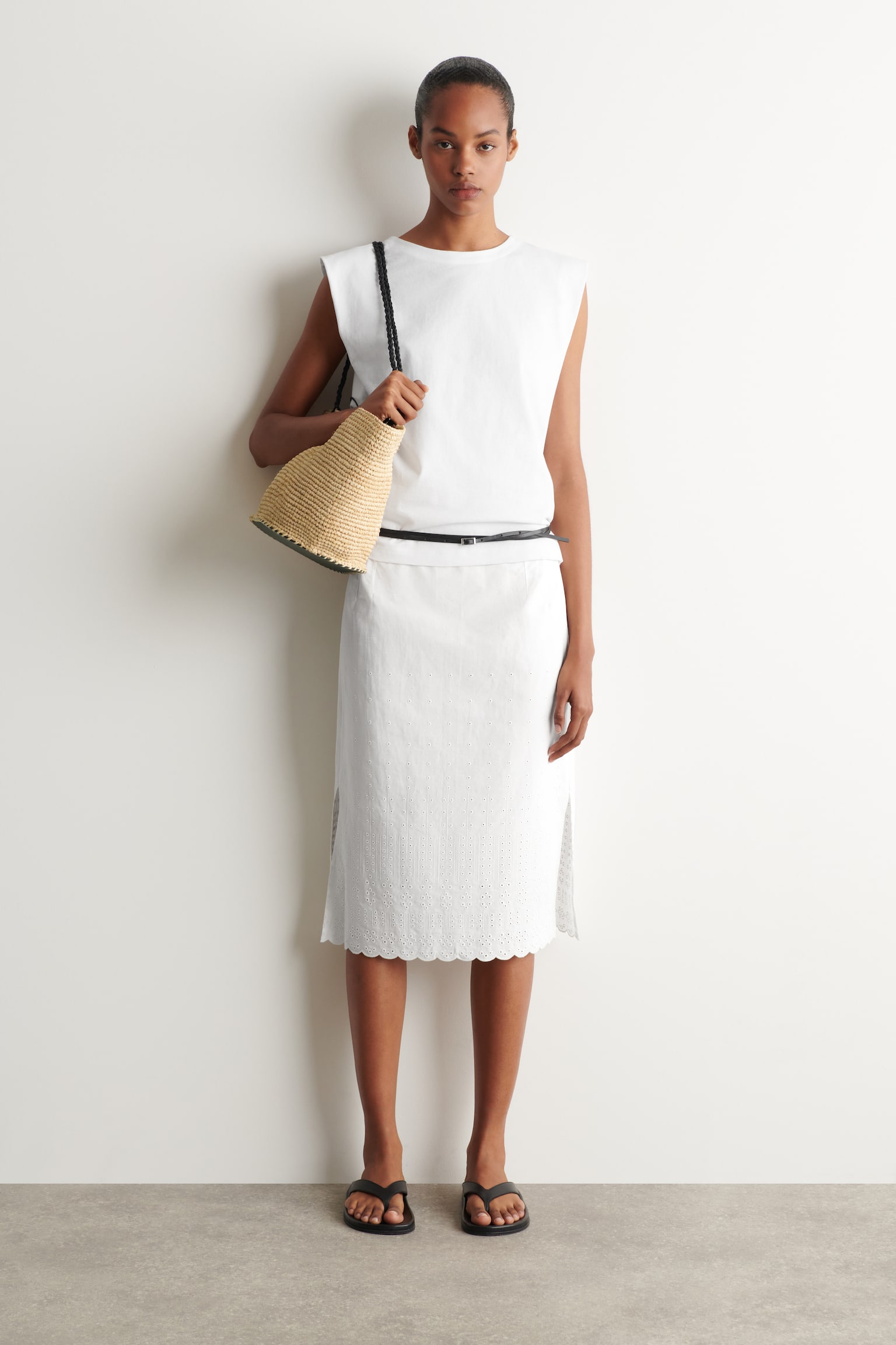 JUPE EN COTON ET LIN À BRODERIE ANGLAISE - BLANC - 1