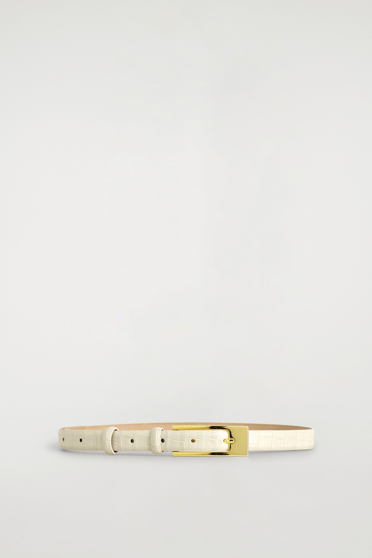 ELONGATED-BUCKLE LEATHER BELT — IVORY / CROC EFFECT