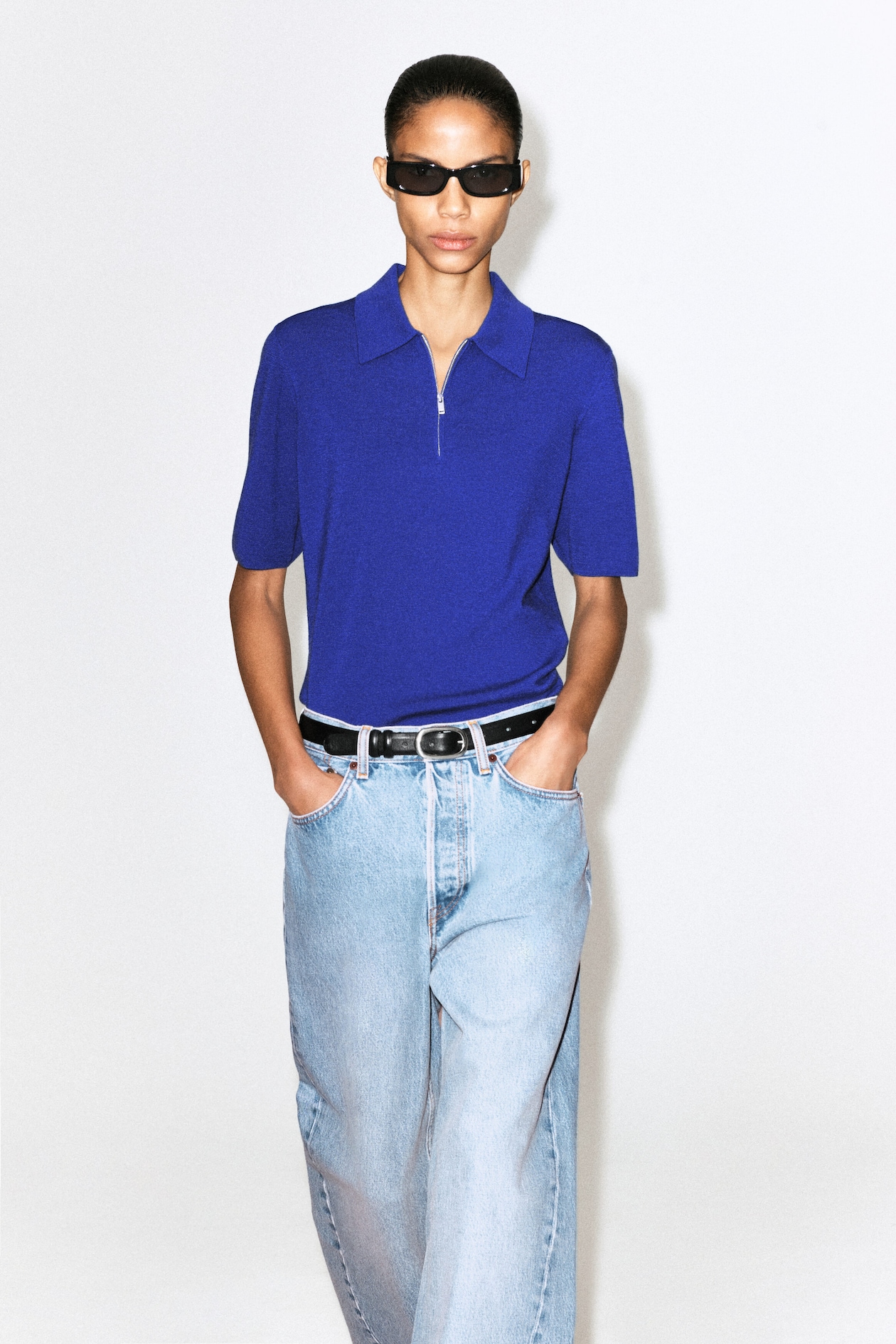 MERINO WOOL ZIP-UP POLO SHIRT — COBALT BLUE