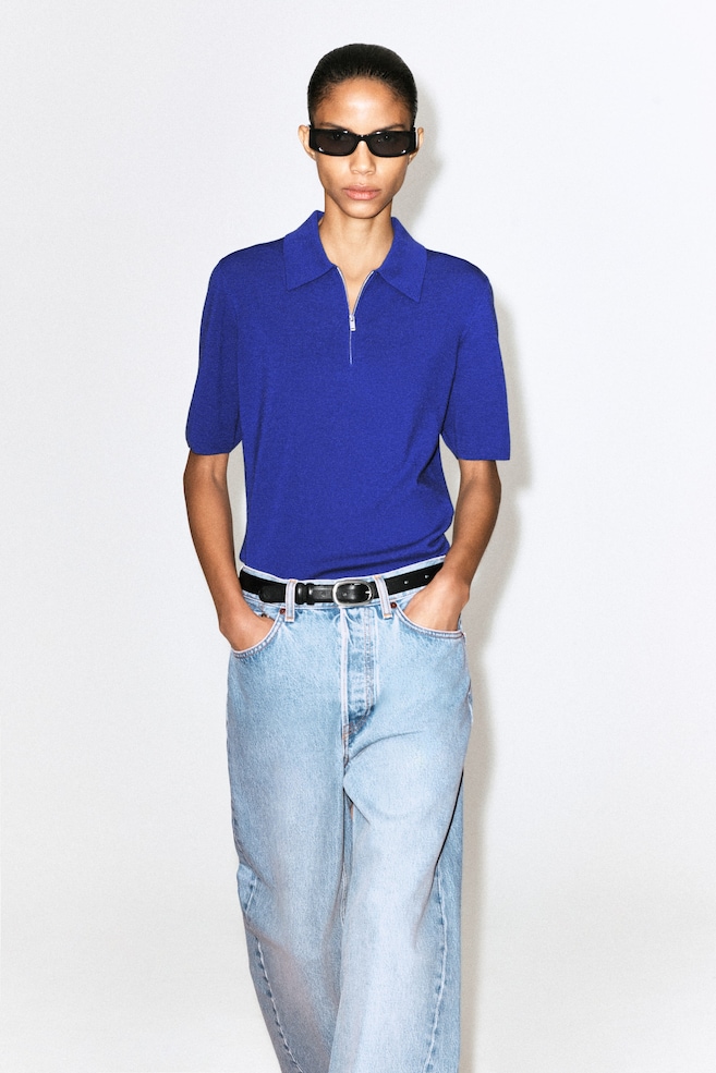 MERINO WOOL ZIP-UP POLO SHIRT — COBALT BLUE