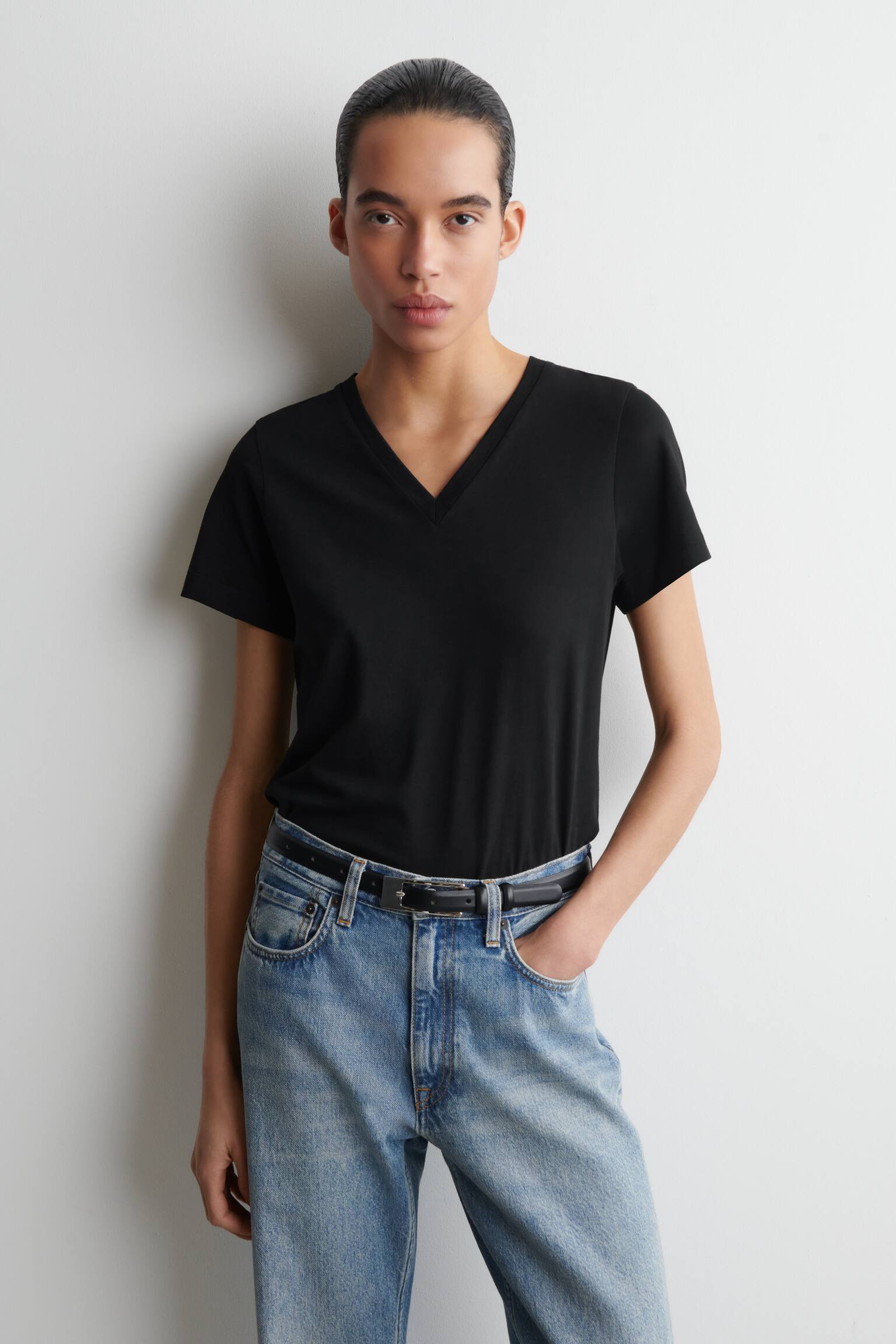 V-RINGAD T-SHIRT I BOMULLSJERSEY - SVART/VIT/ECRU/SALVIA-MELERAD/BRUNMELERAD - 1