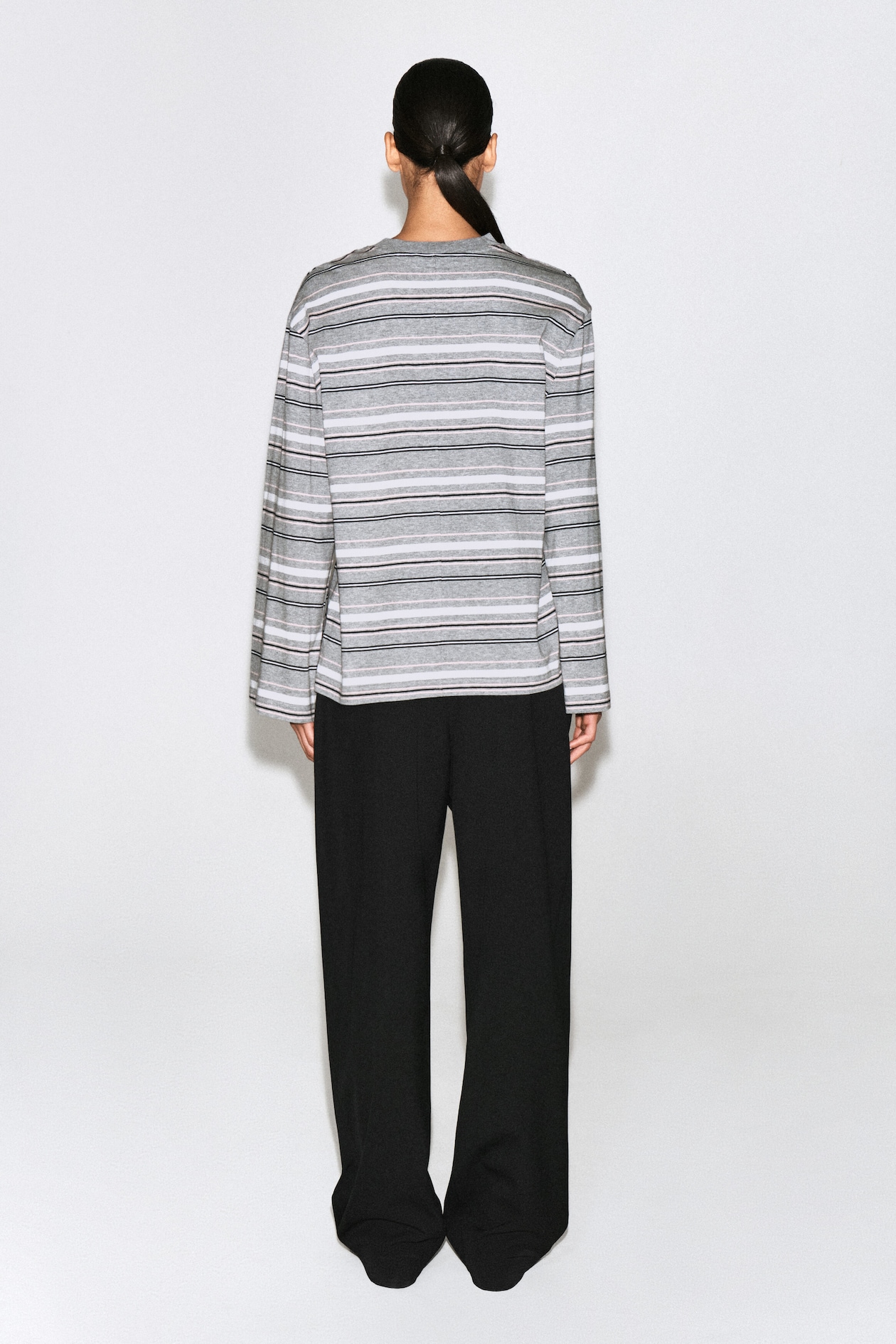BRUSHED-COTTON LONG-SLEEVED T-SHIRT — GRAY / STRIPED